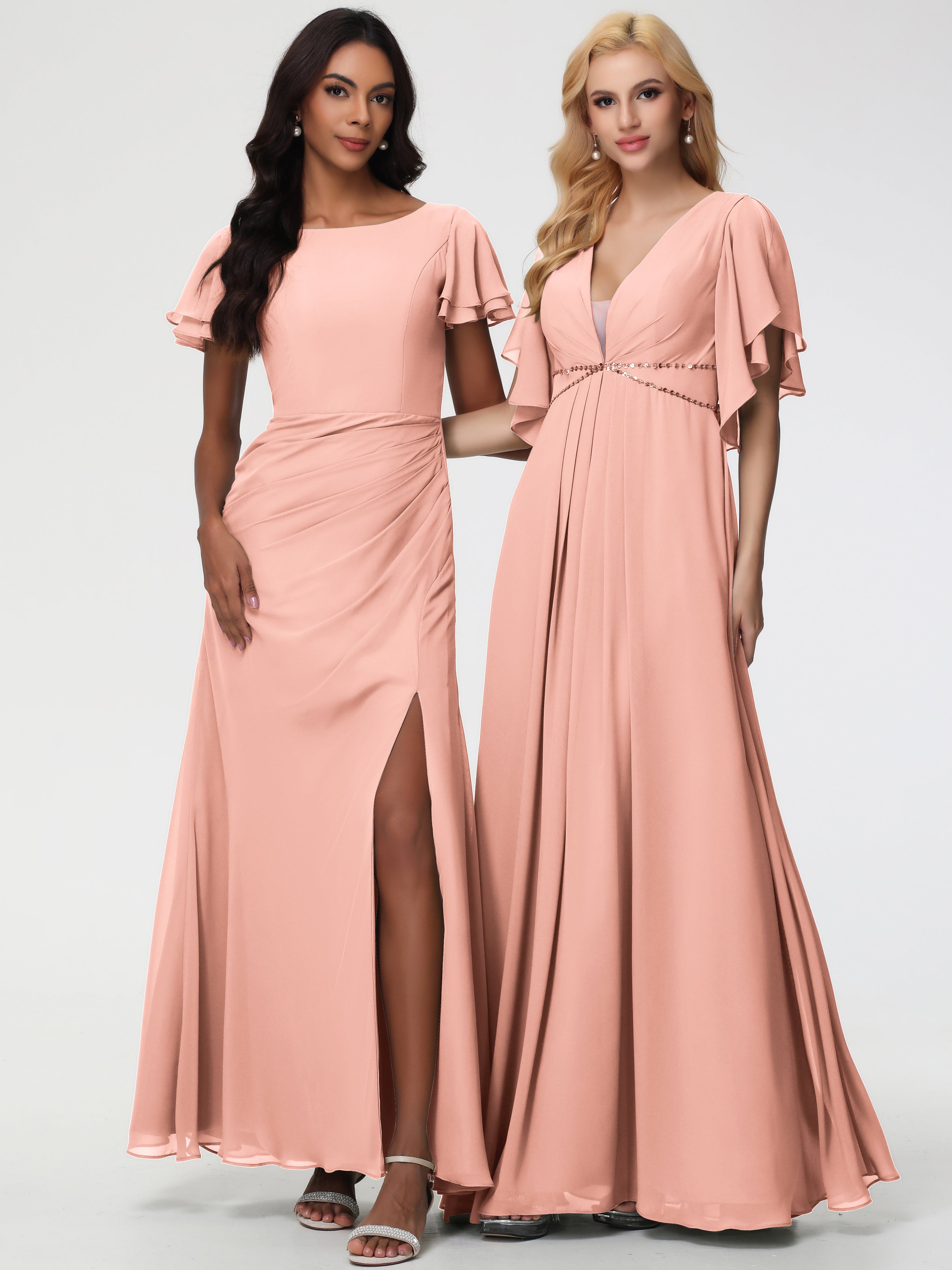 Sheath/Column Short Sleeves Split Long Chiffon Bridesmaid Dresses