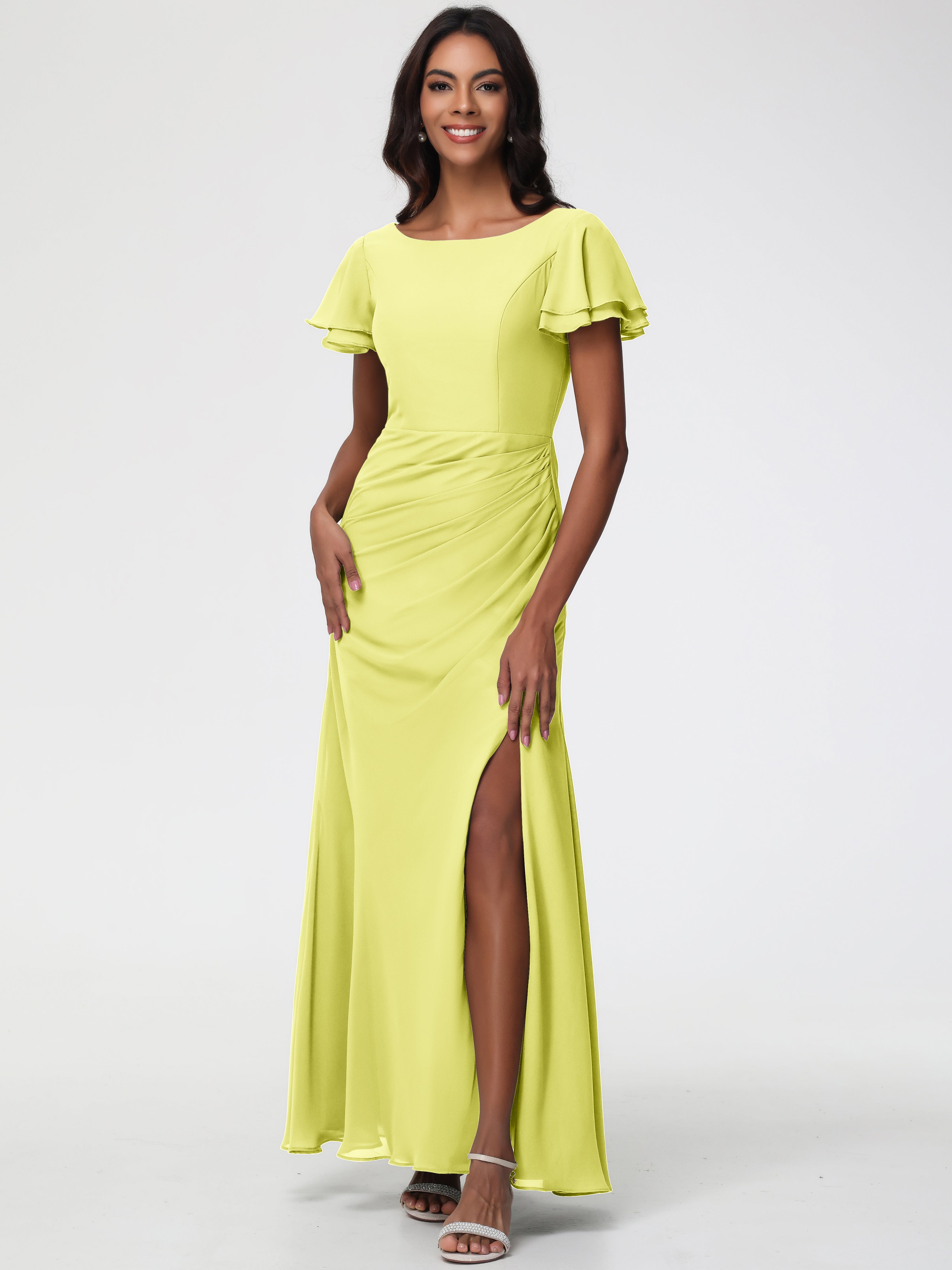 Sheath/Column Short Sleeves Split Long Chiffon Bridesmaid Dresses