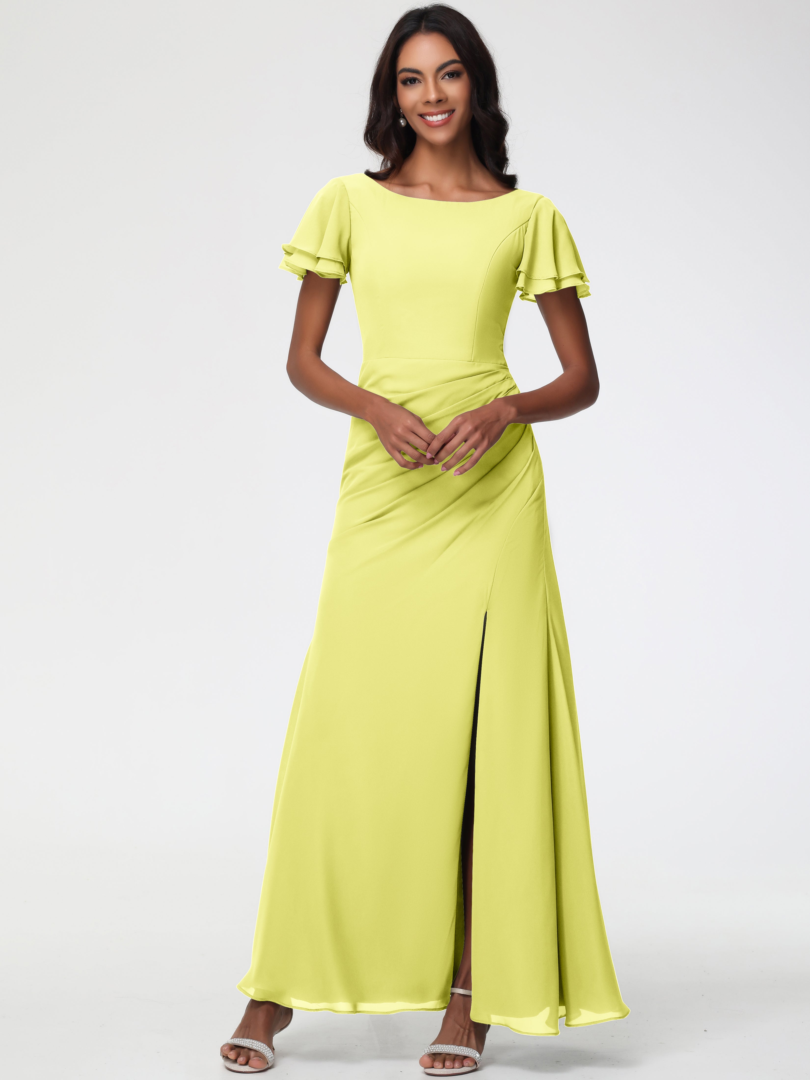 Sheath/Column Short Sleeves Split Long Chiffon Bridesmaid Dresses
