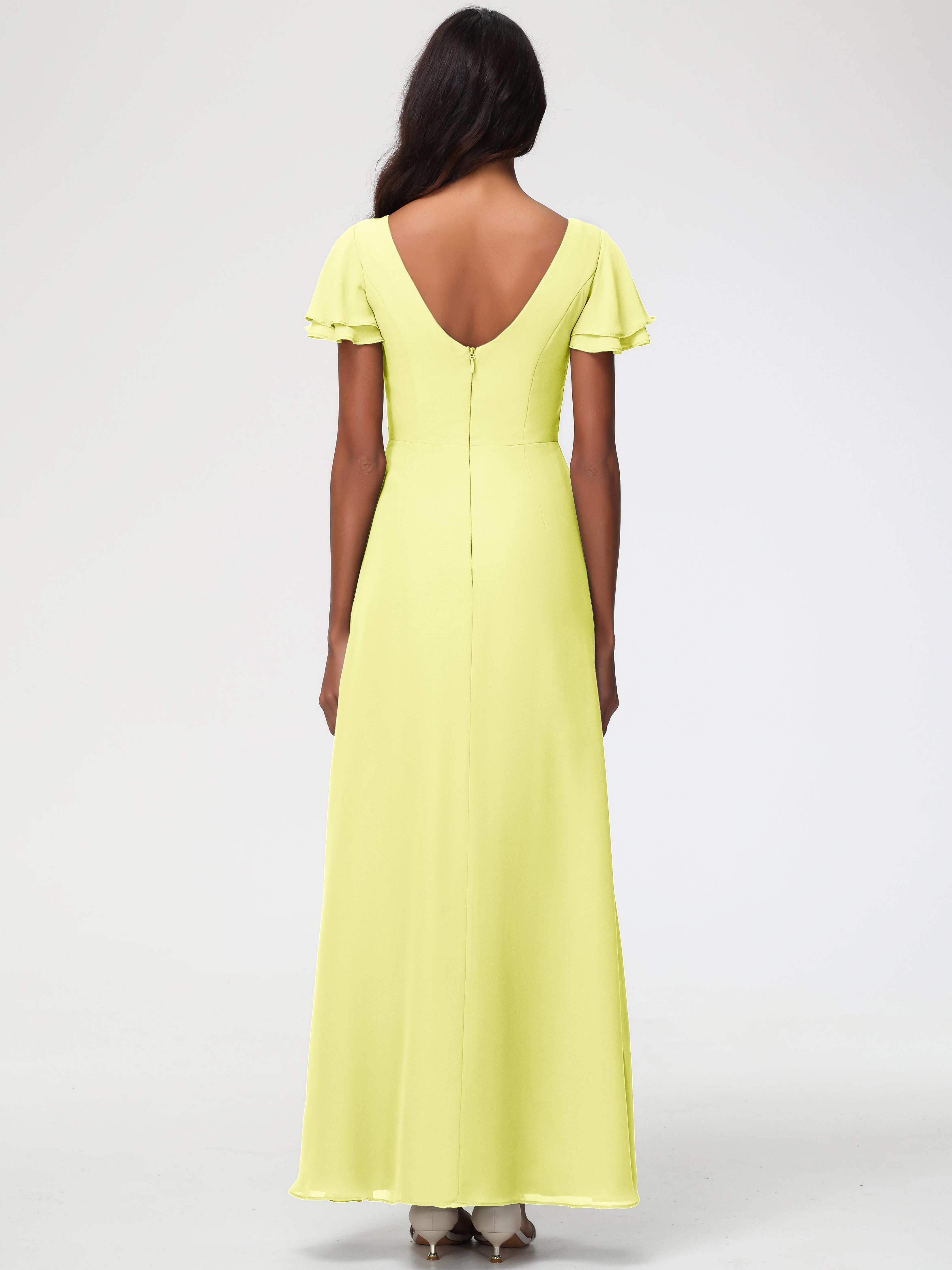 Sheath/Column Short Sleeves Split Long Chiffon Bridesmaid Dresses