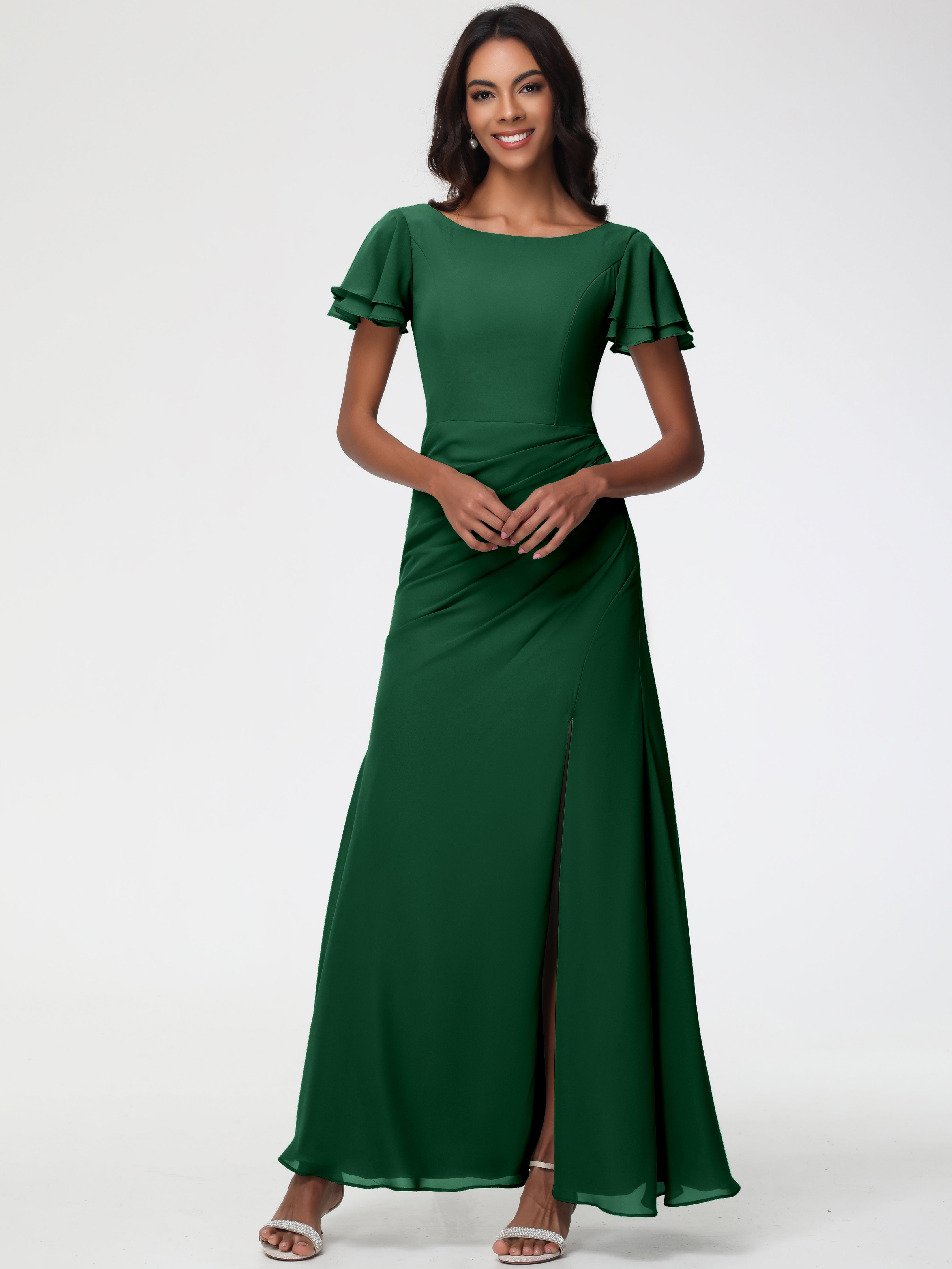 Sheath/Column Short Sleeves Split Long Chiffon Bridesmaid Dresses