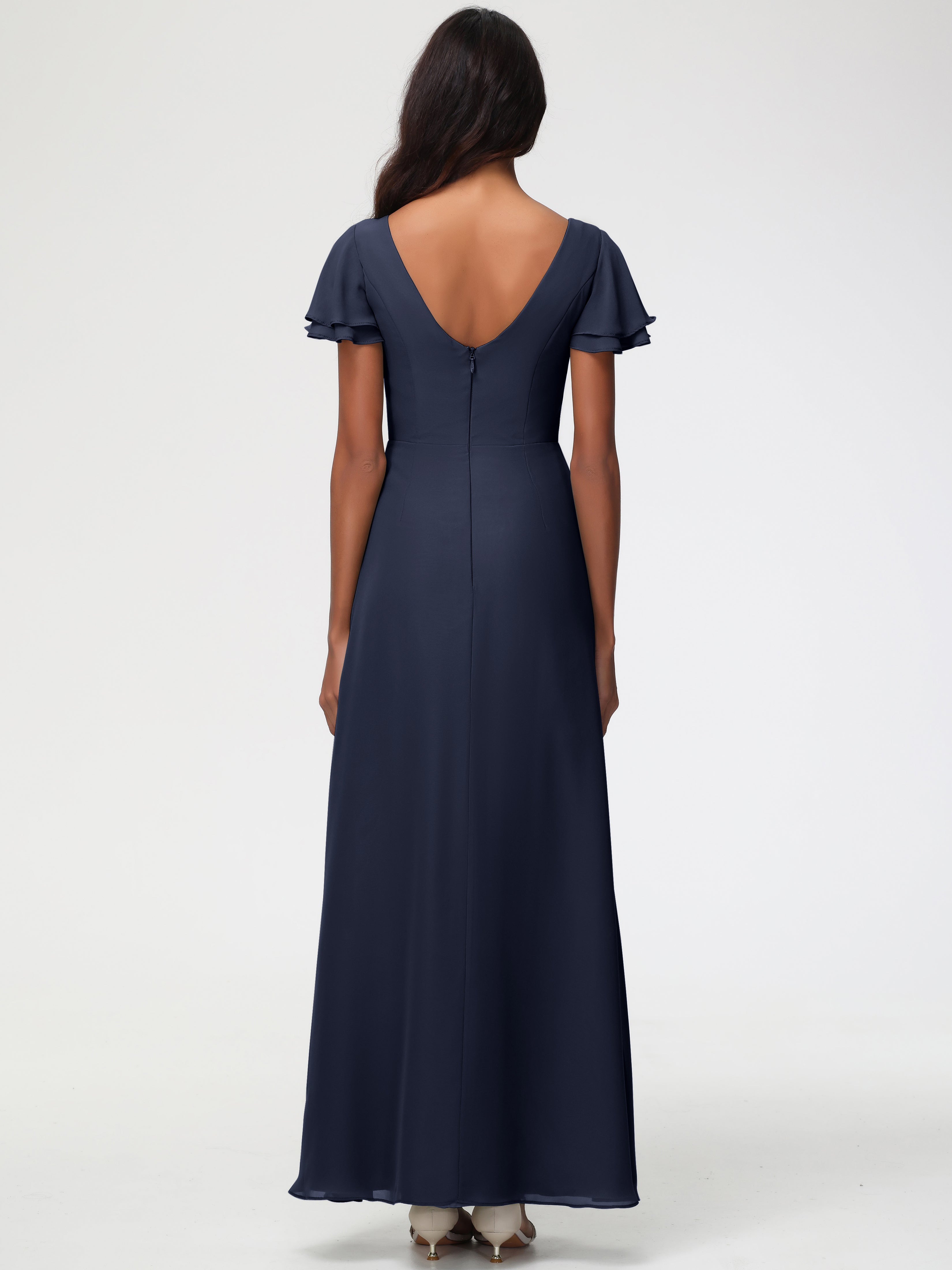 Sheath/Column Short Sleeves Split Long Chiffon Bridesmaid Dresses