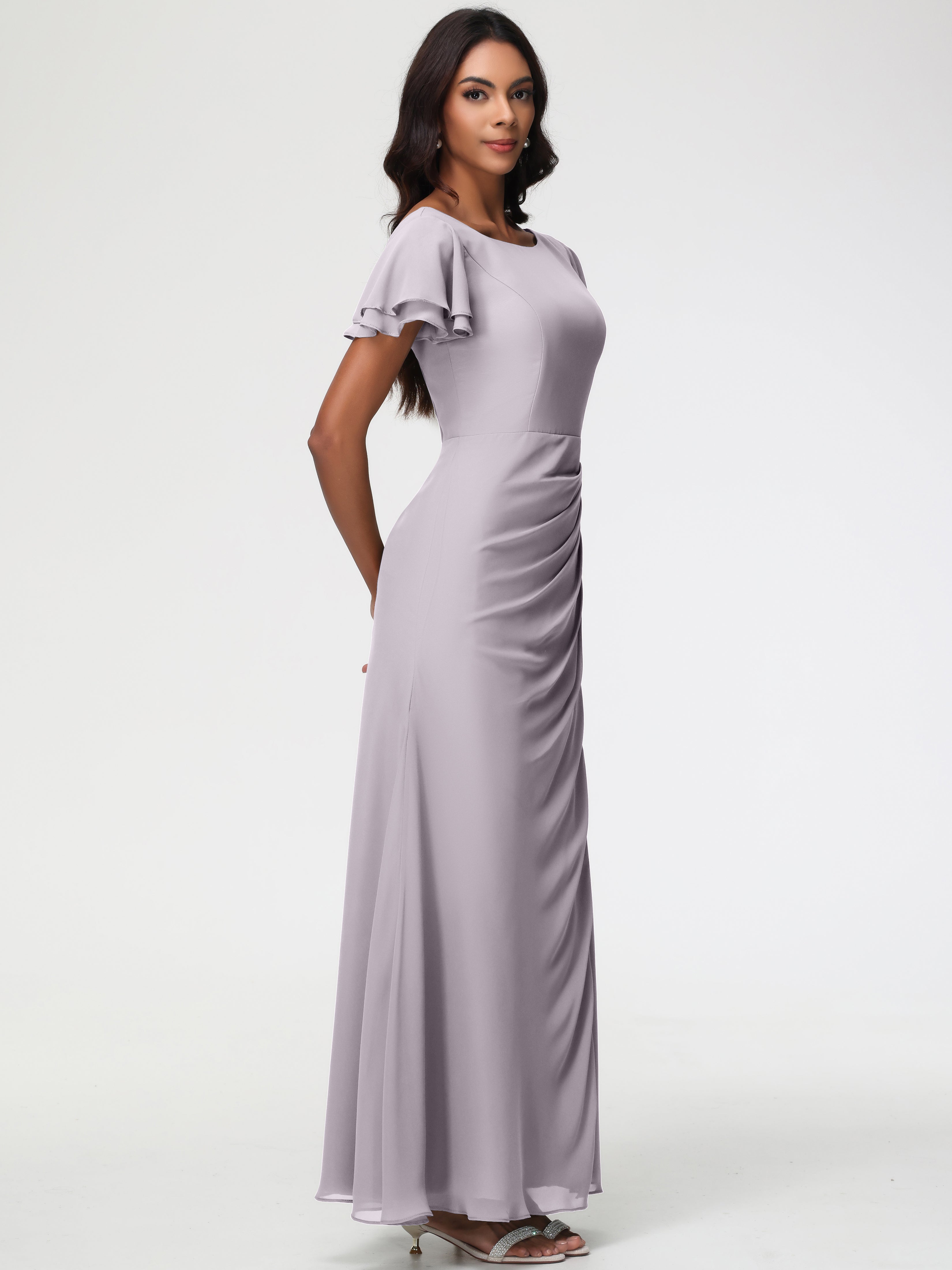 Sheath/Column Short Sleeves Split Long Chiffon Bridesmaid Dresses