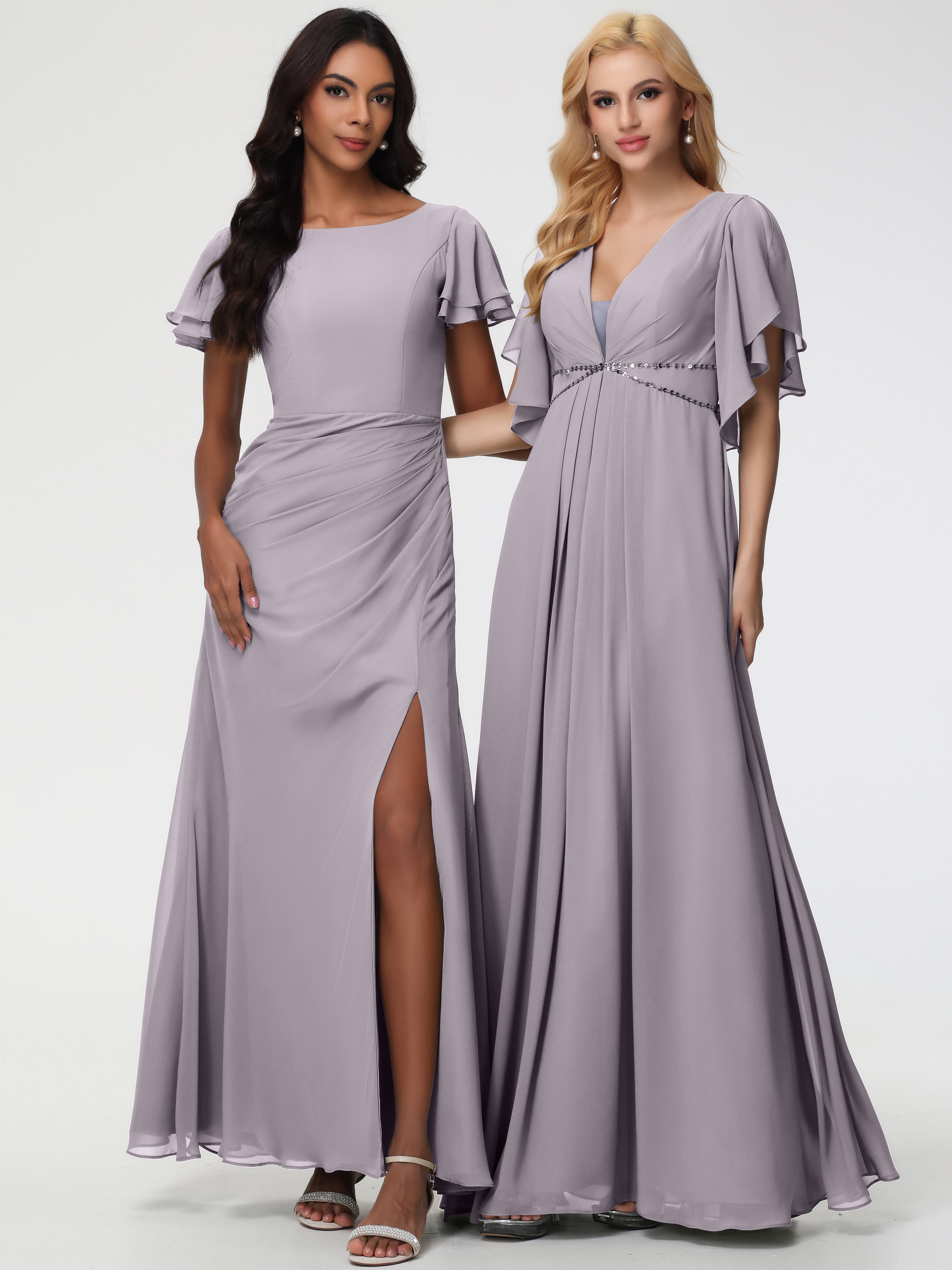 Sheath/Column Short Sleeves Split Long Chiffon Bridesmaid Dresses