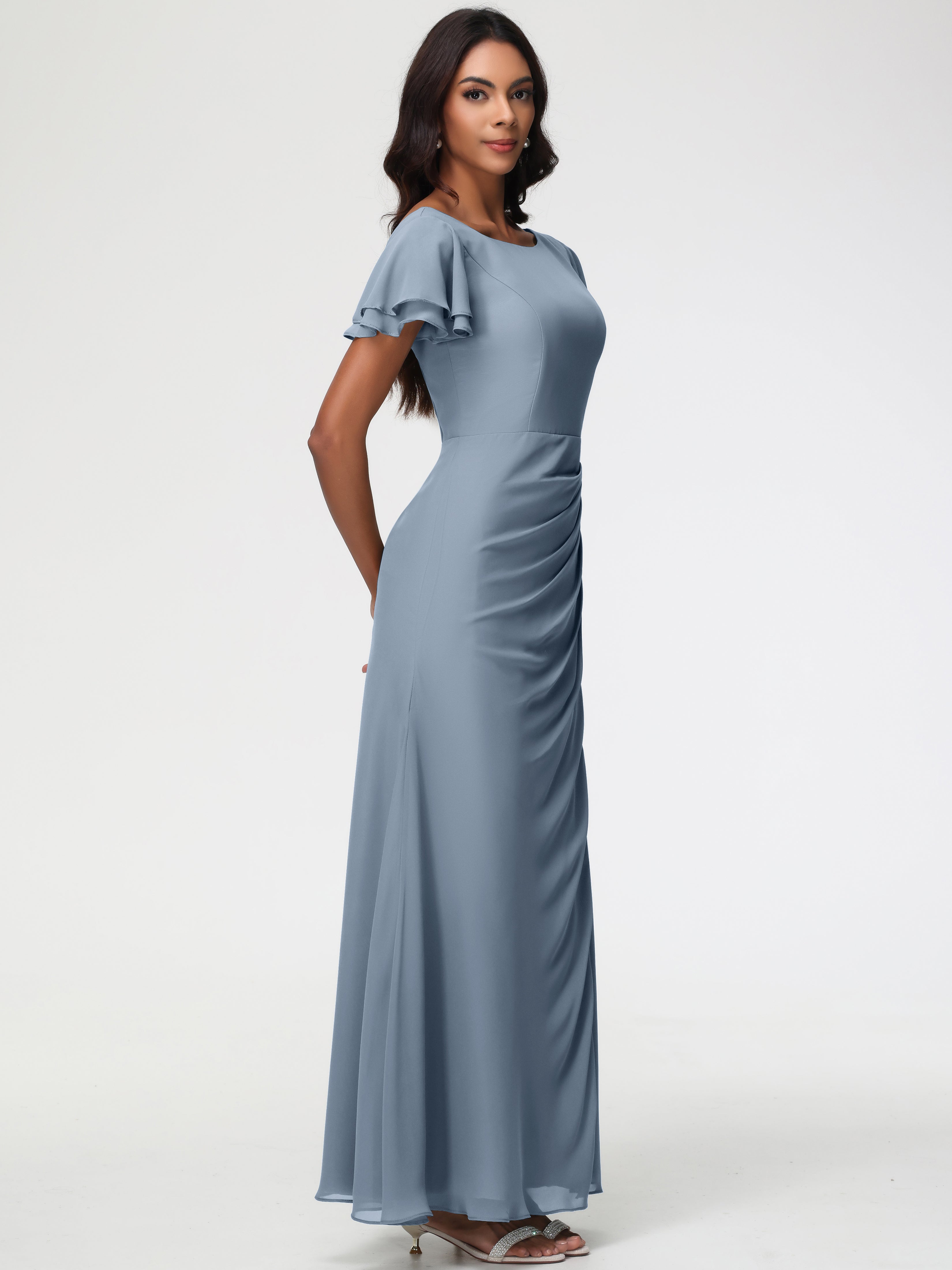 Sheath/Column Short Sleeves Split Long Chiffon Bridesmaid Dresses