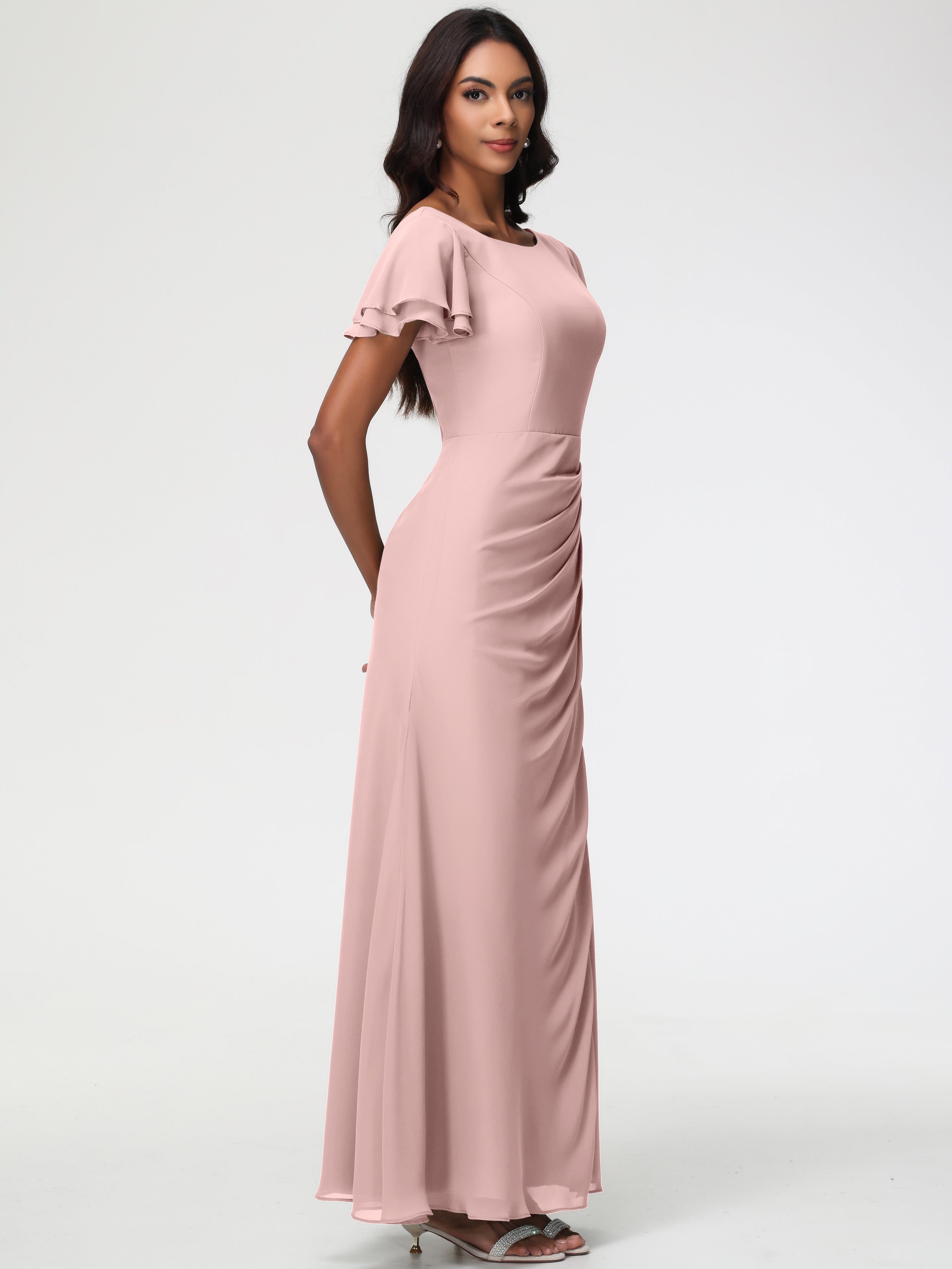 Sheath/Column Short Sleeves Split Long Chiffon Bridesmaid Dresses
