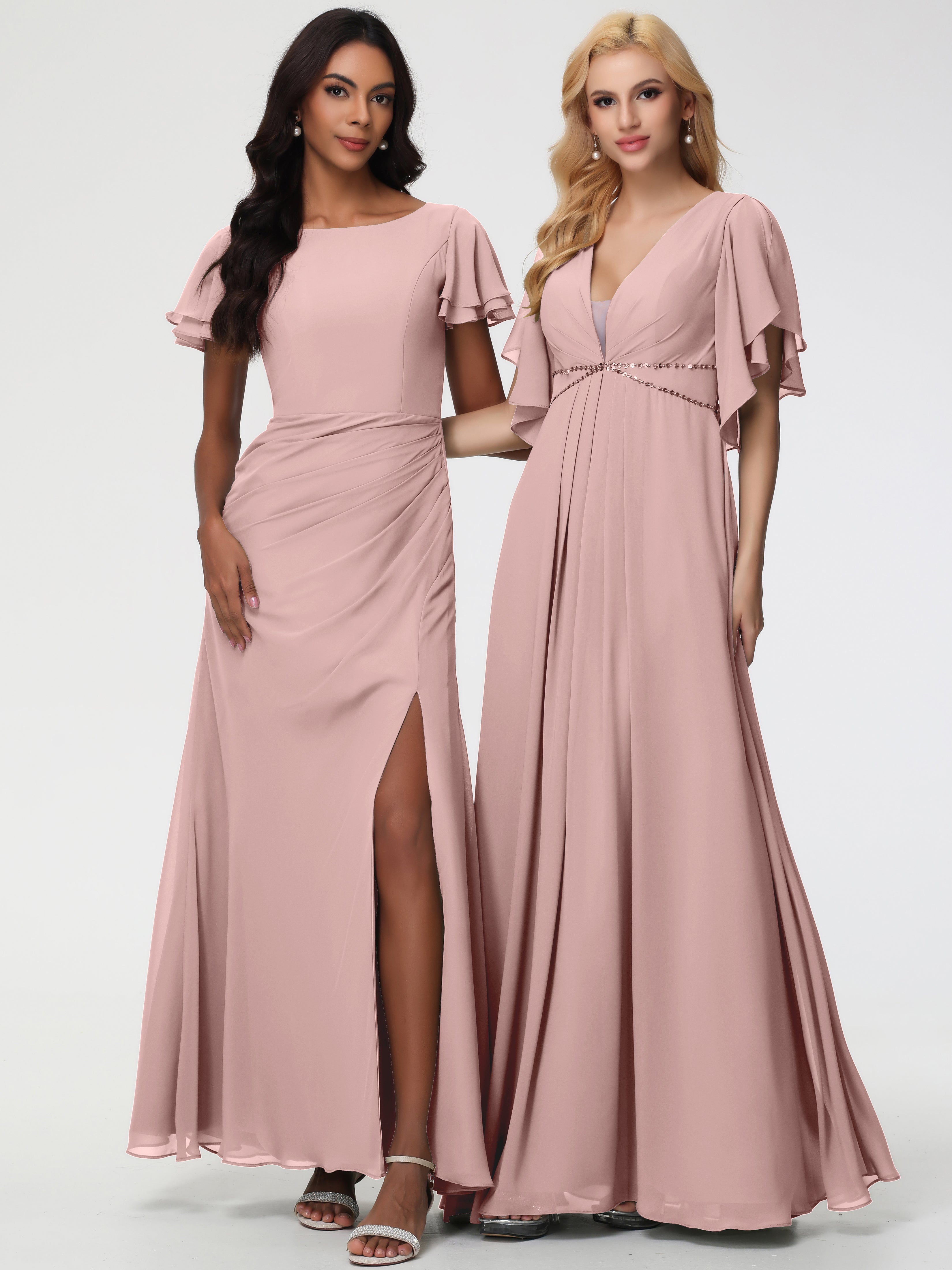 Sheath/Column Short Sleeves Split Long Chiffon Bridesmaid Dresses