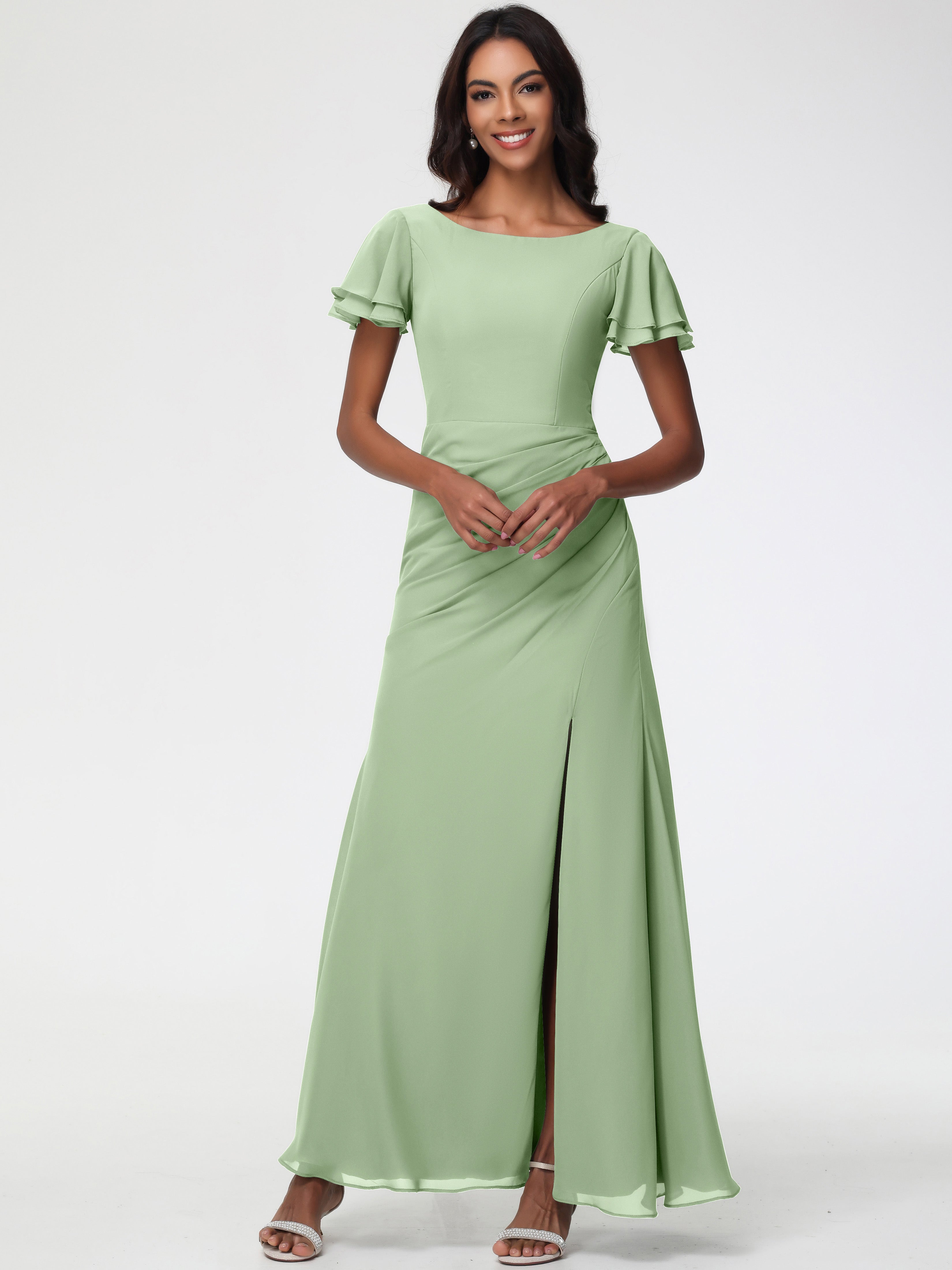 Sheath/Column Short Sleeves Split Long Chiffon Bridesmaid Dresses