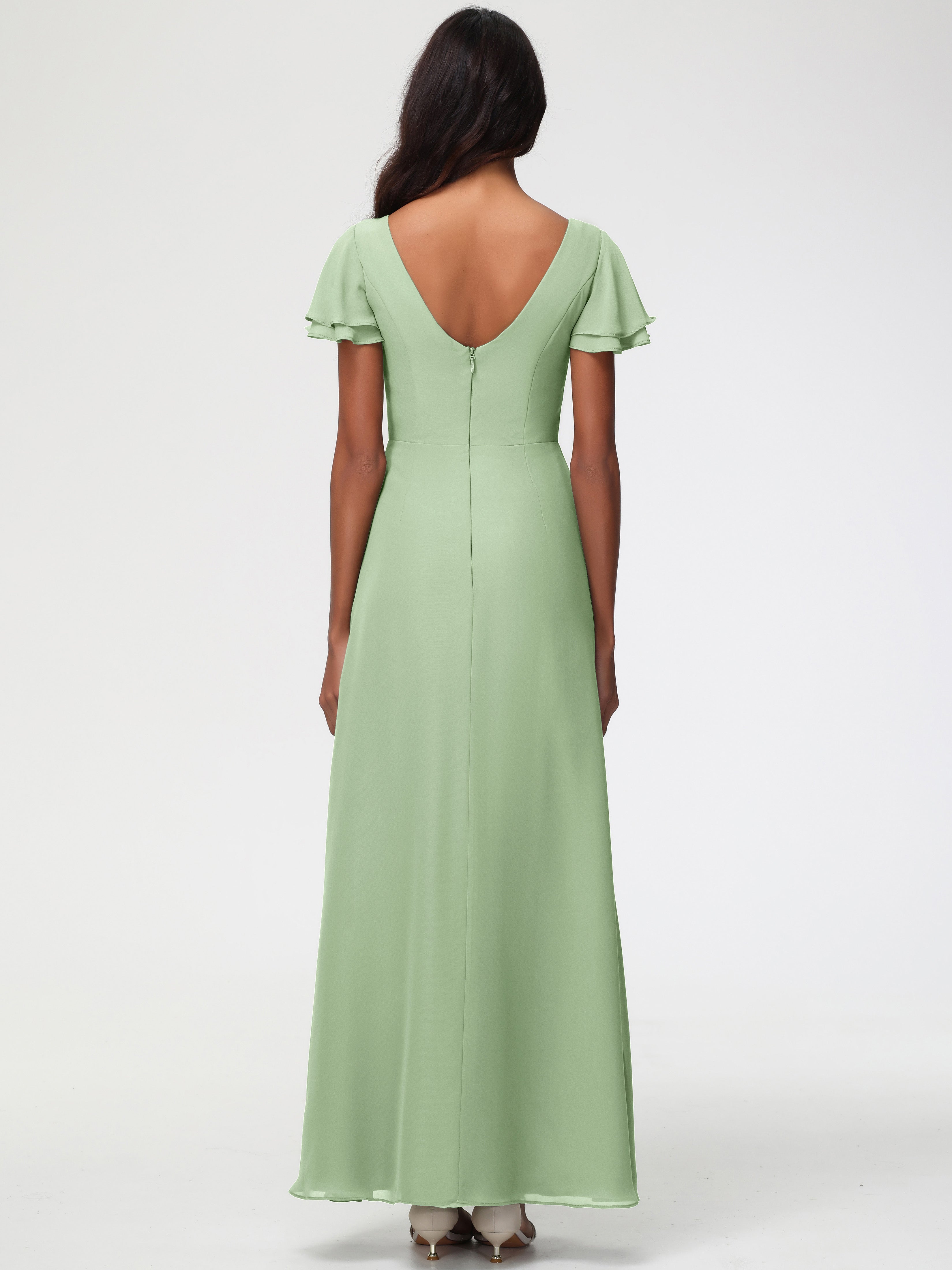 Sheath/Column Short Sleeves Split Long Chiffon Bridesmaid Dresses
