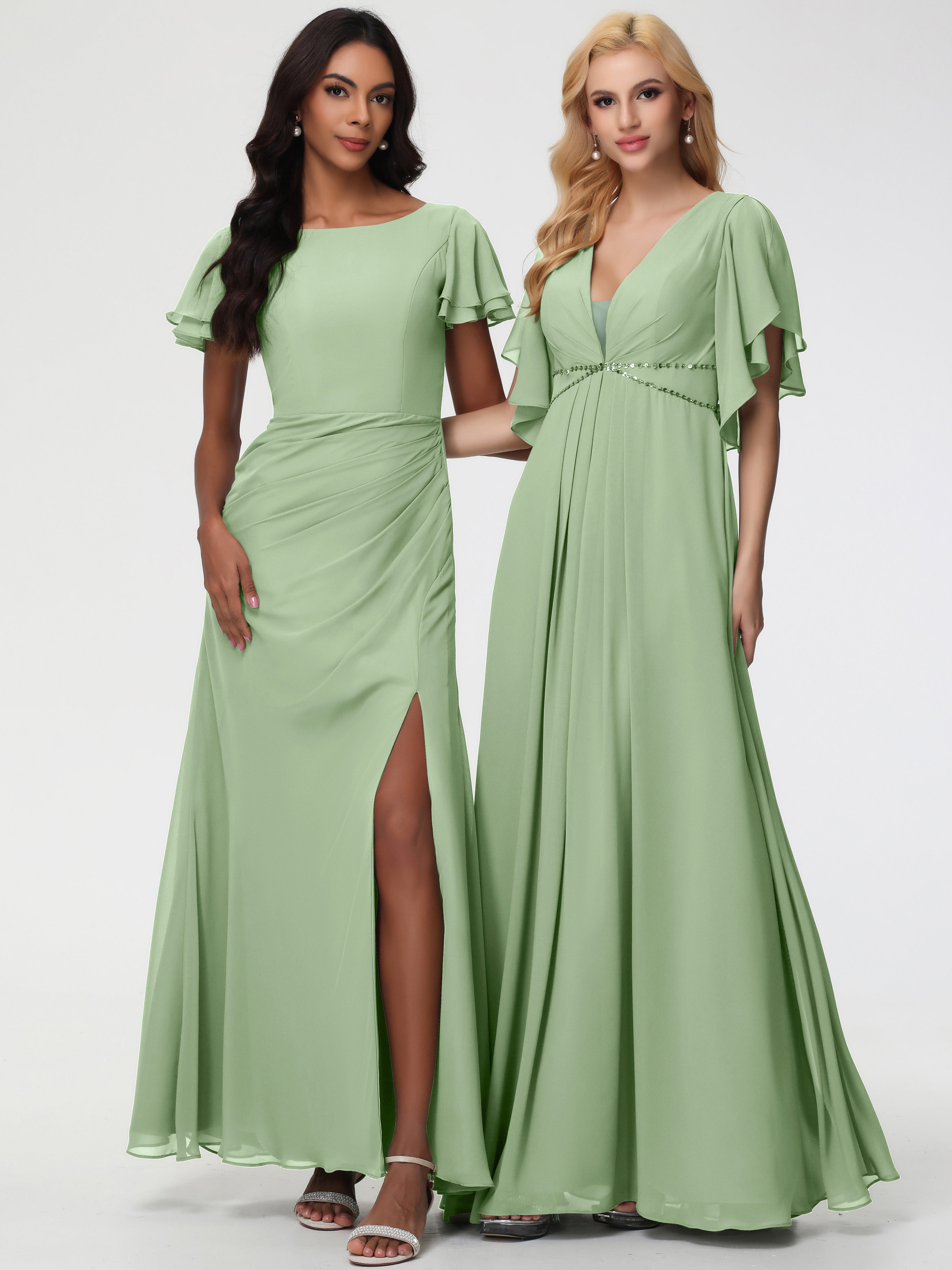 Sheath/Column Short Sleeves Split Long Chiffon Bridesmaid Dresses