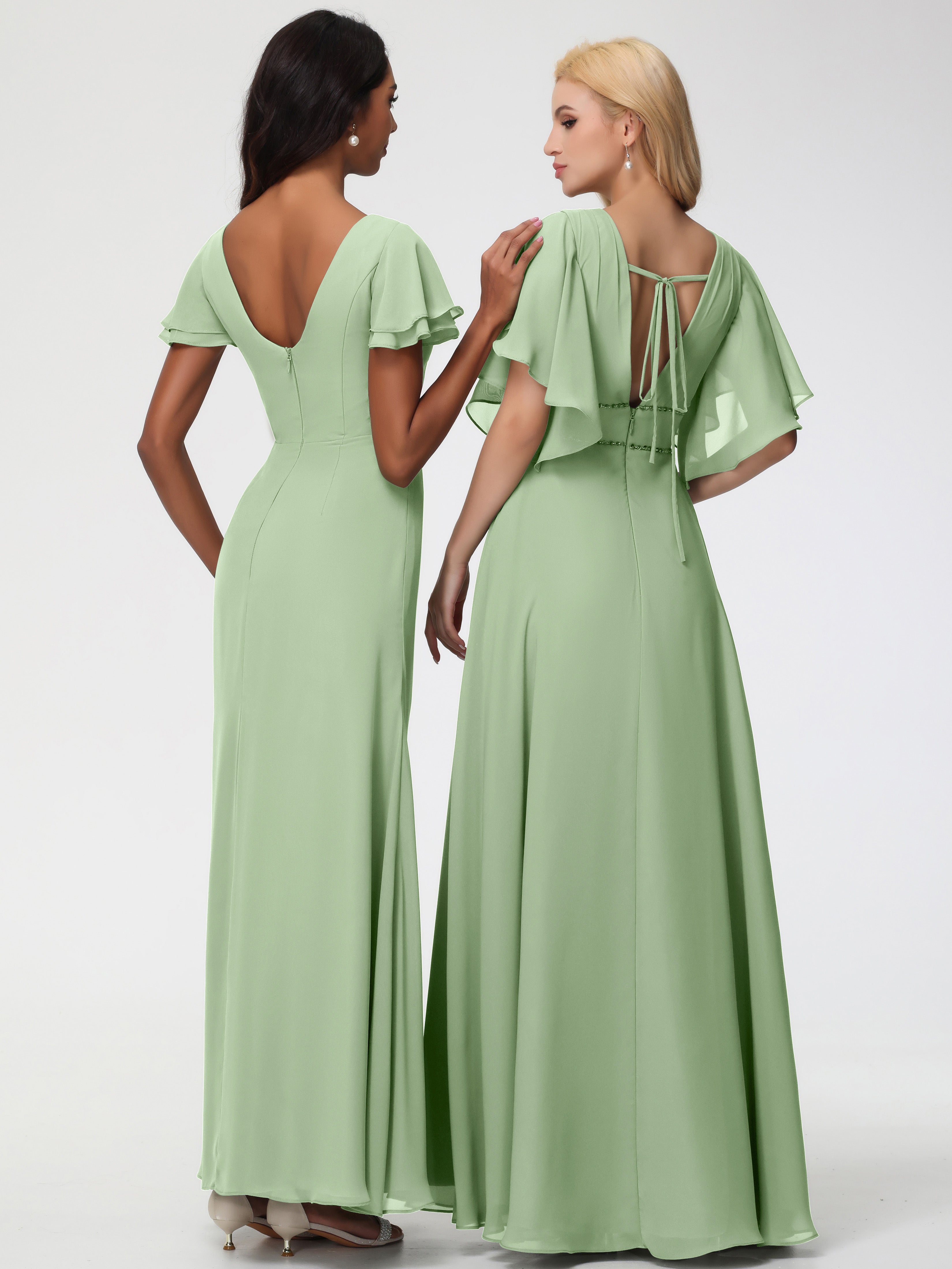 Sheath/Column Short Sleeves Split Long Chiffon Bridesmaid Dresses