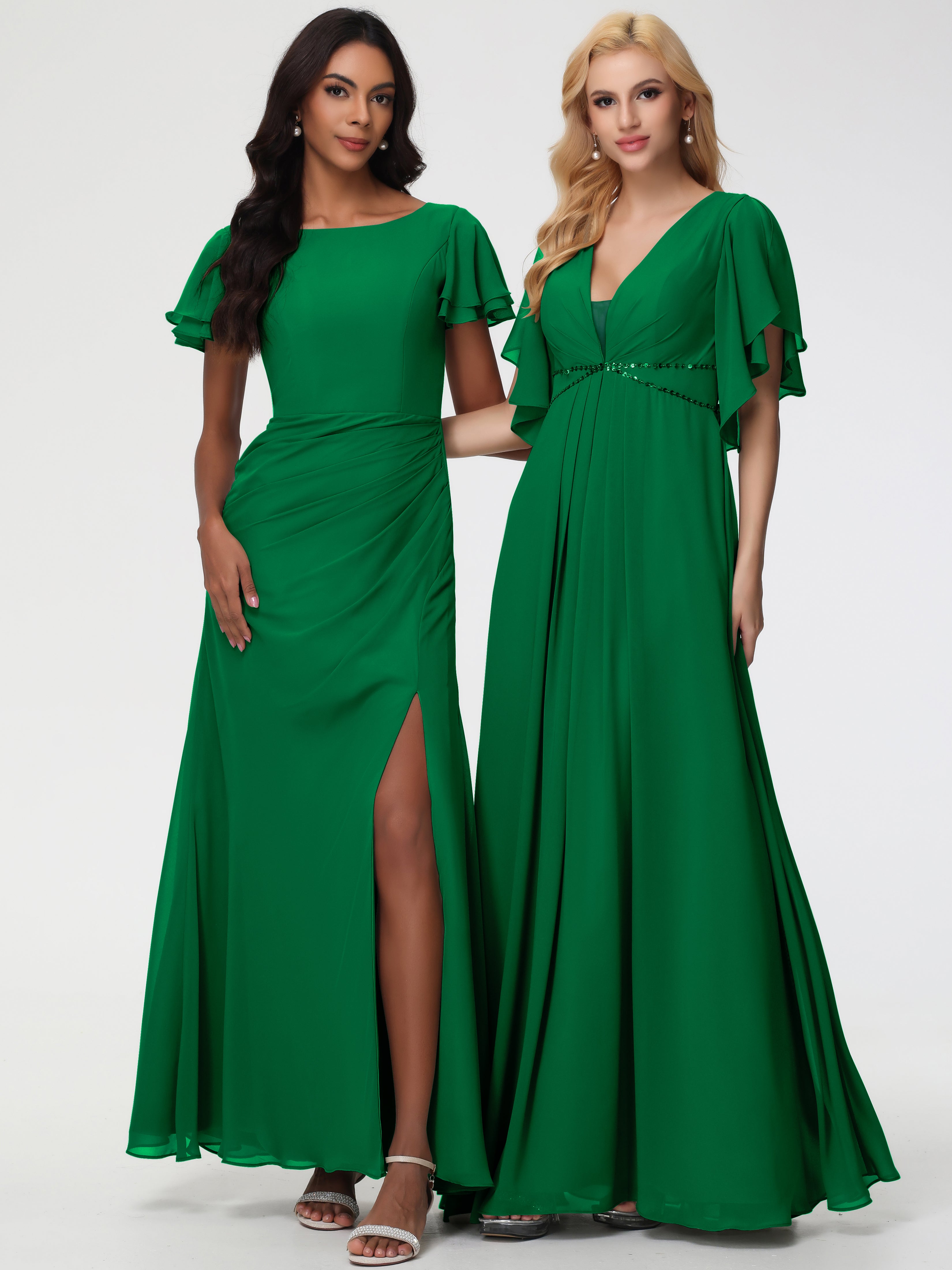 Sheath/Column Short Sleeves Split Long Chiffon Bridesmaid Dresses