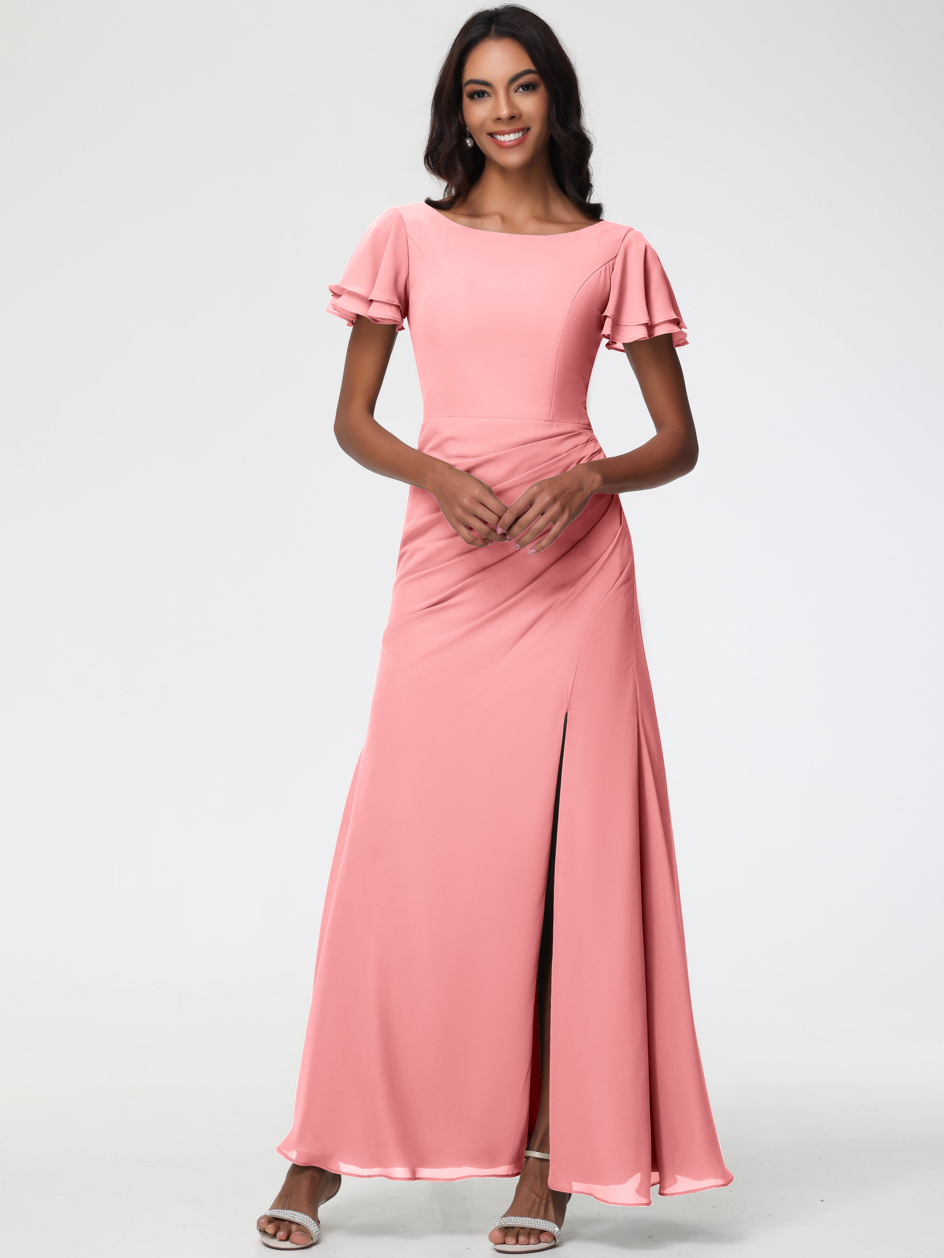Sheath/Column Short Sleeves Split Long Chiffon Bridesmaid Dresses