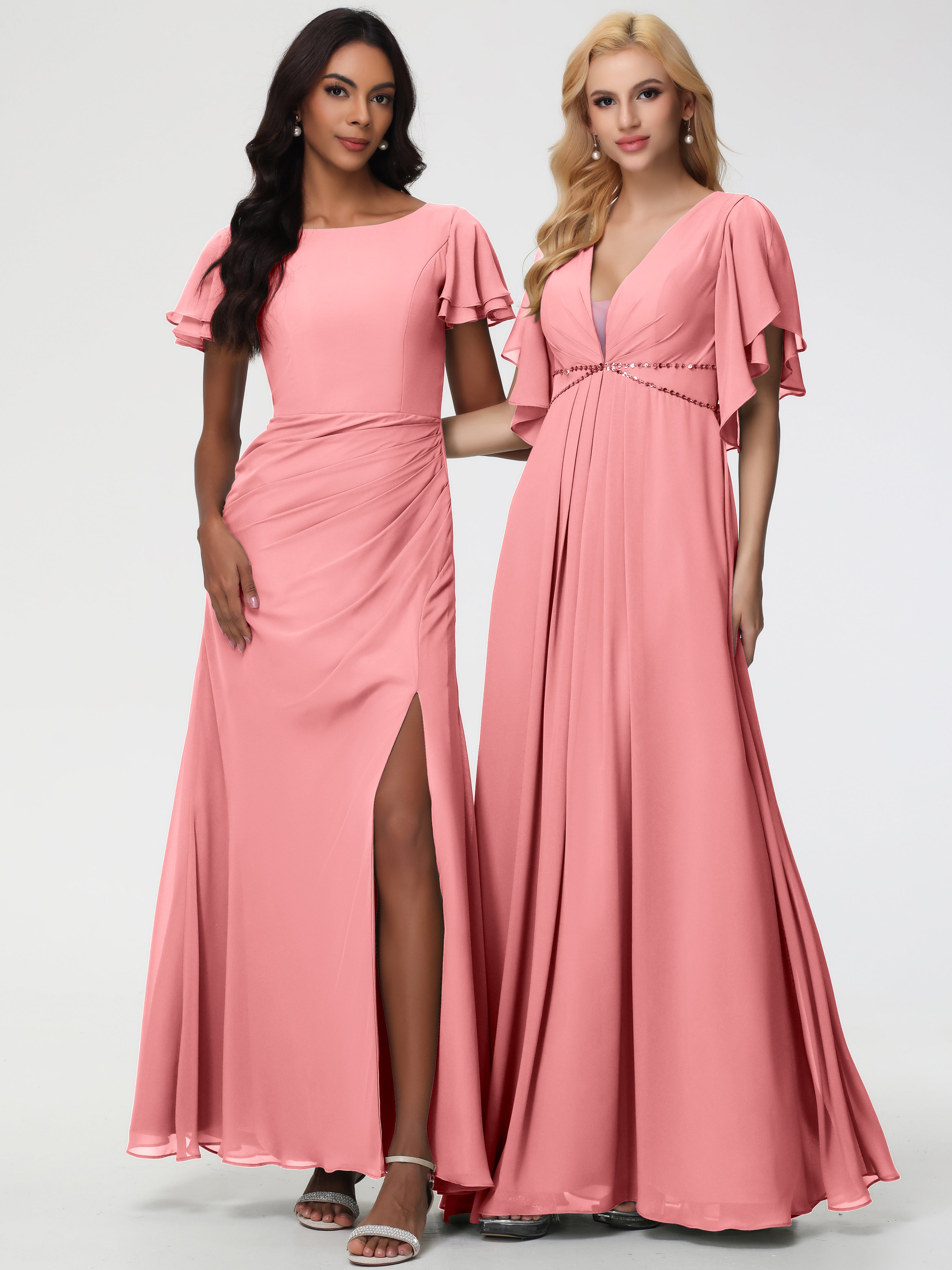 Sheath/Column Short Sleeves Split Long Chiffon Bridesmaid Dresses