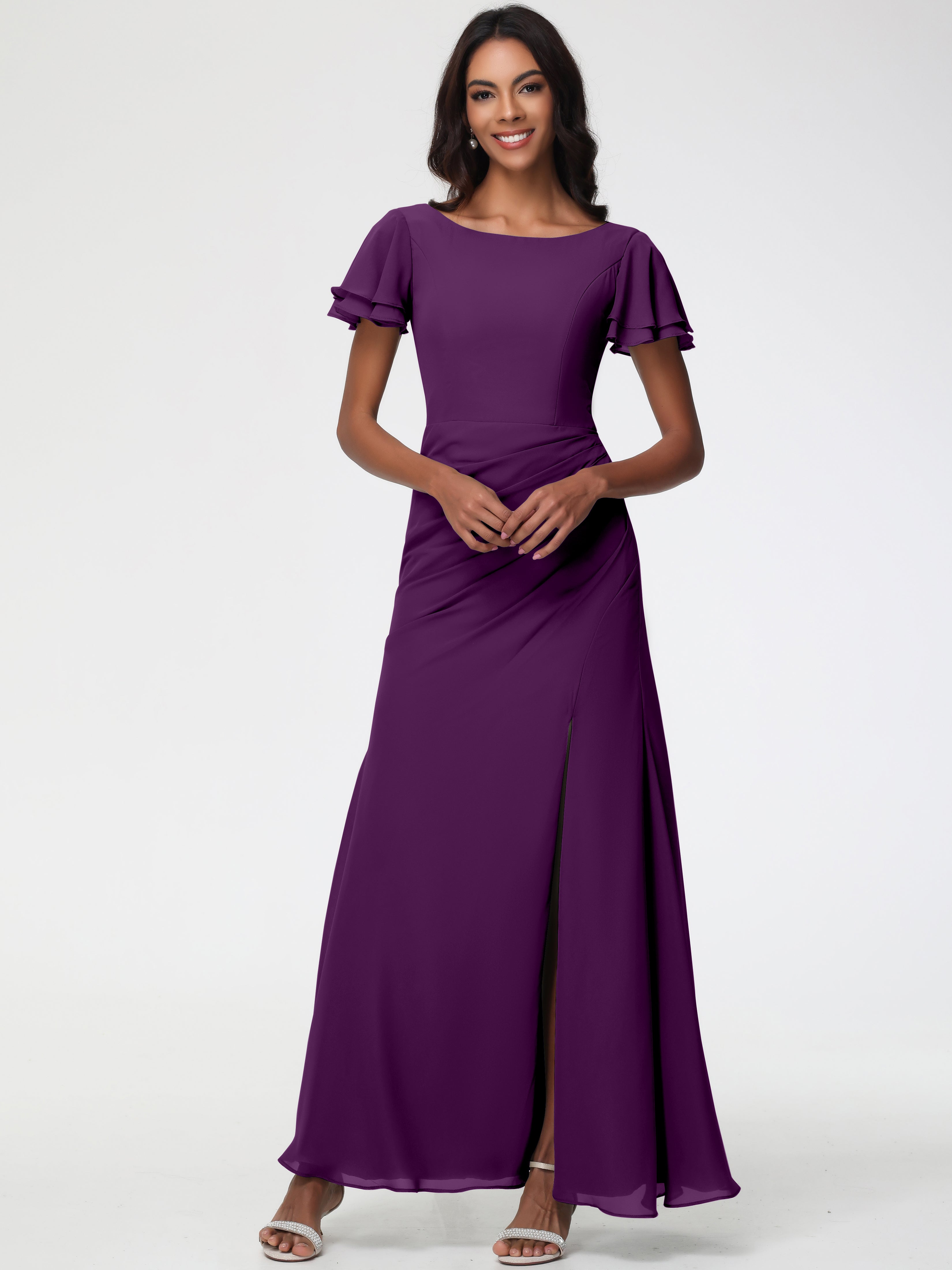 Sheath/Column Short Sleeves Split Long Chiffon Bridesmaid Dresses
