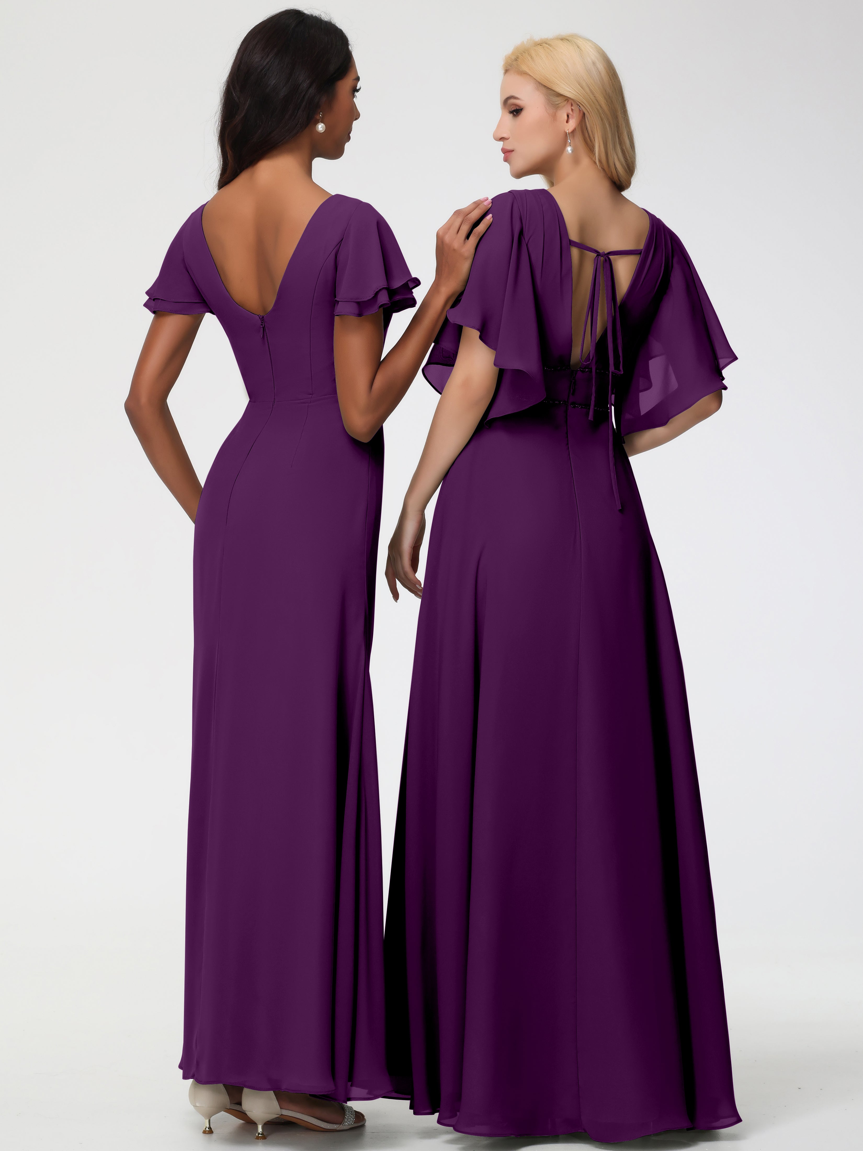 Sheath/Column Short Sleeves Split Long Chiffon Bridesmaid Dresses