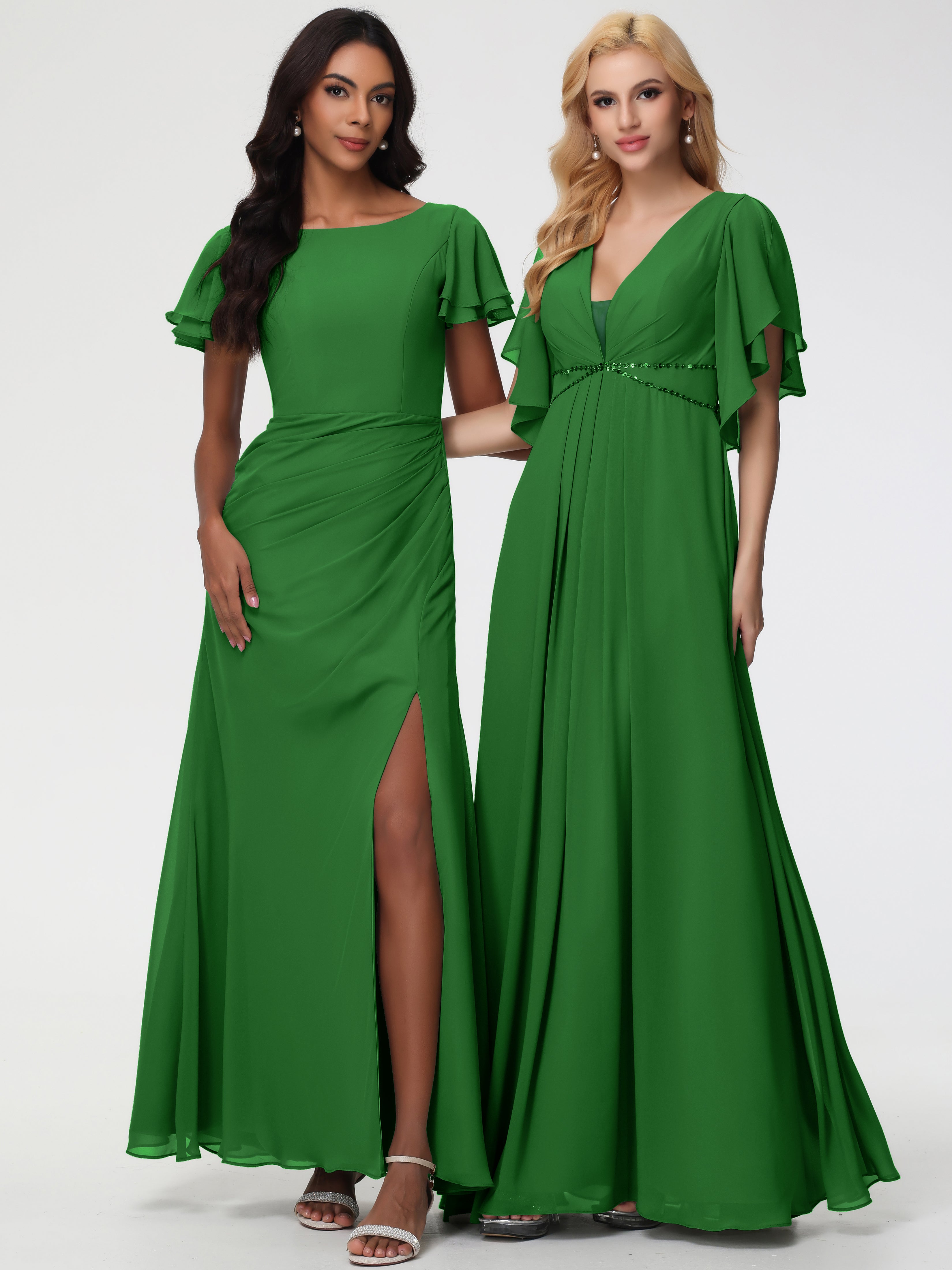 Sheath/Column Short Sleeves Split Long Chiffon Bridesmaid Dresses