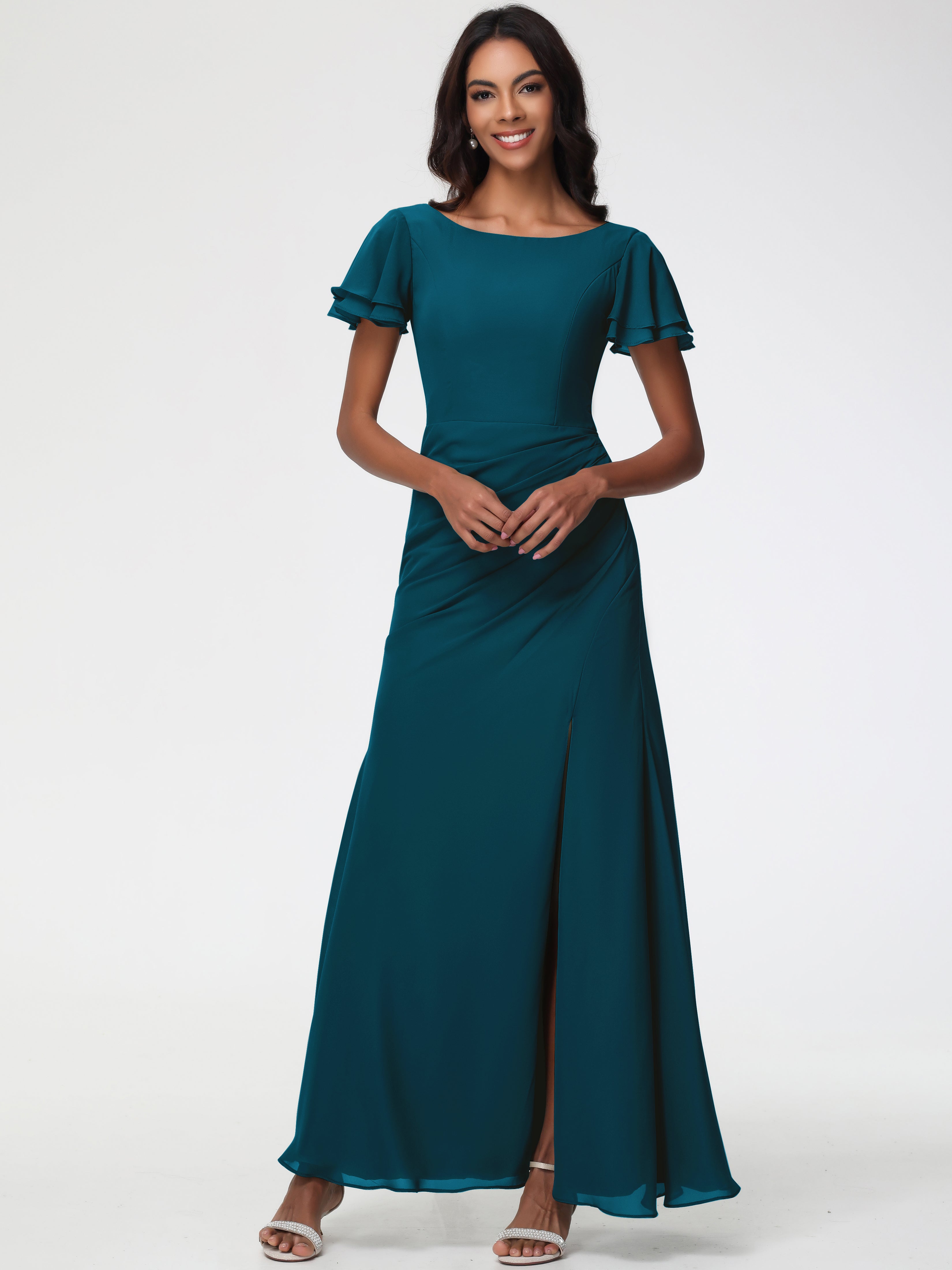 Sheath/Column Short Sleeves Split Long Chiffon Bridesmaid Dresses