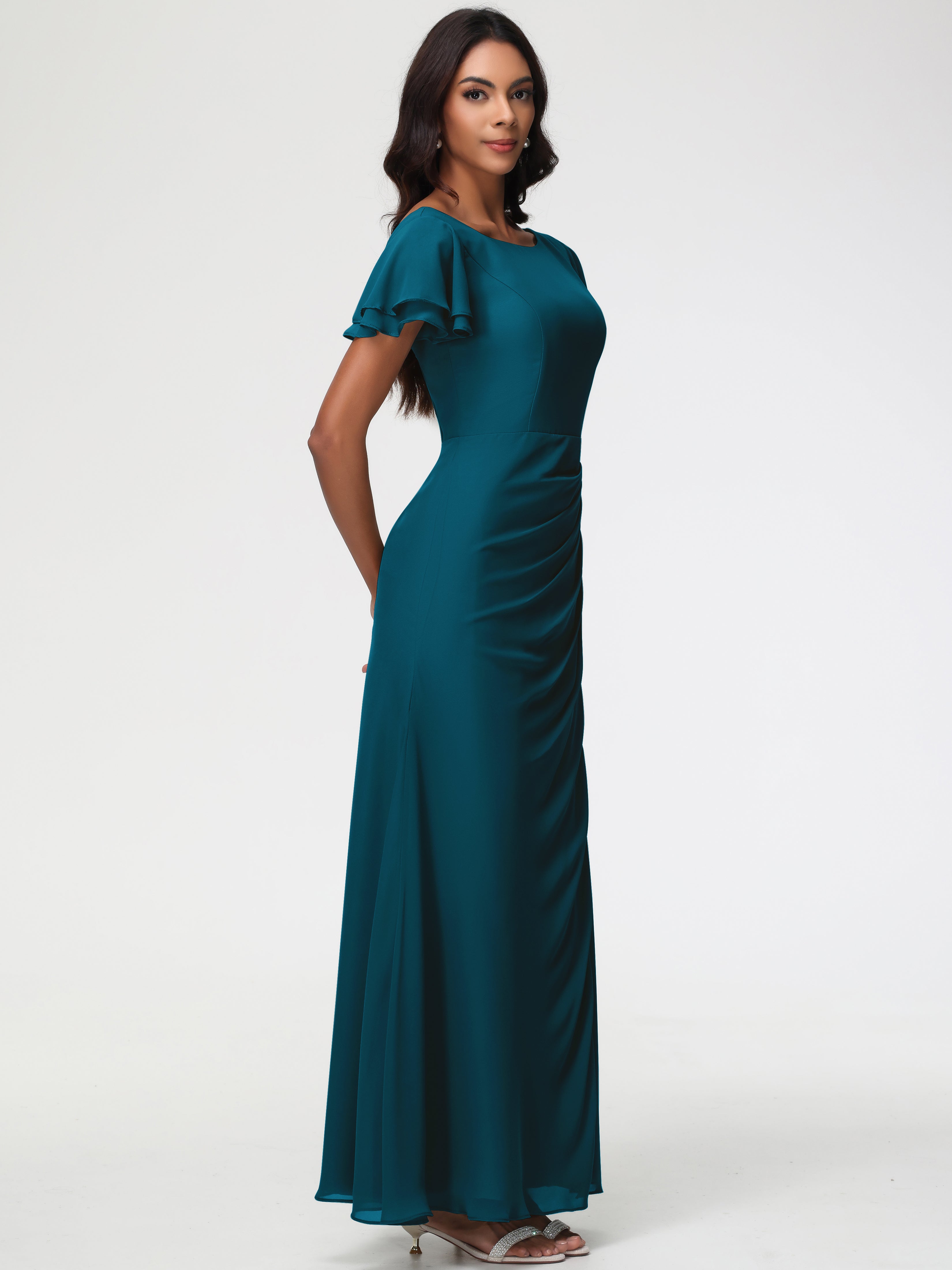 Sheath/Column Short Sleeves Split Long Chiffon Bridesmaid Dresses