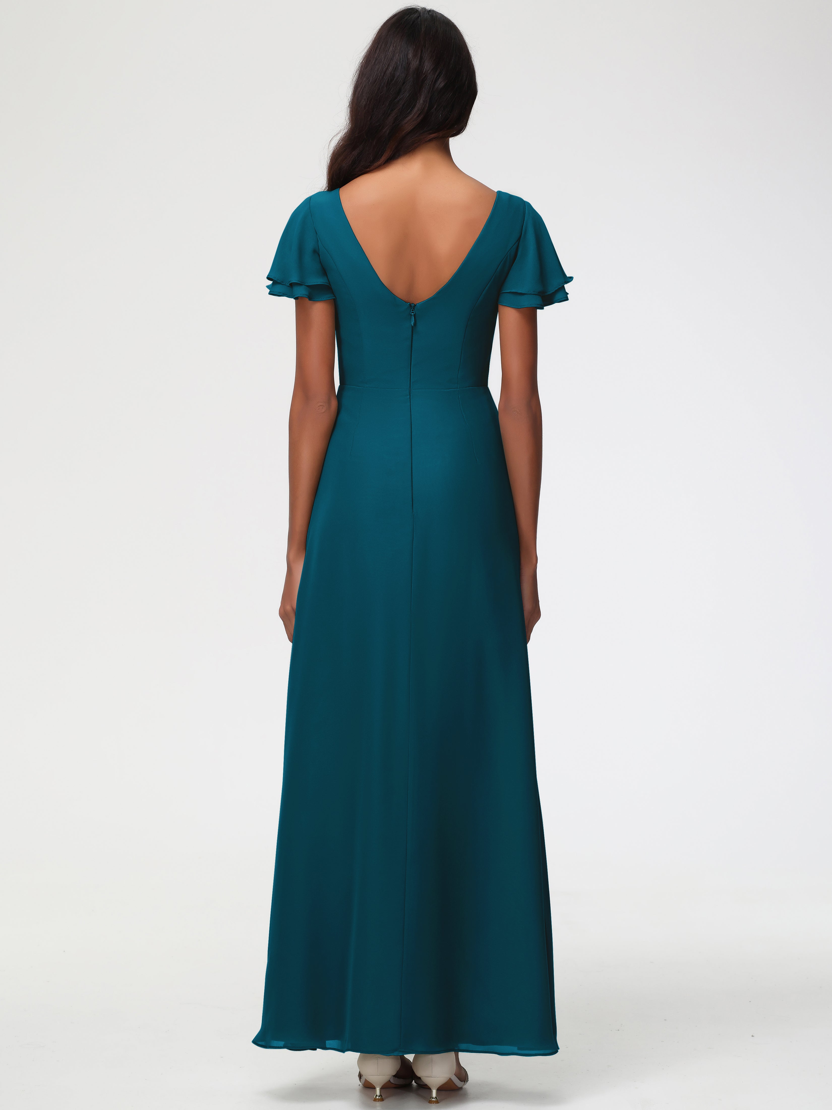 Sheath/Column Short Sleeves Split Long Chiffon Bridesmaid Dresses