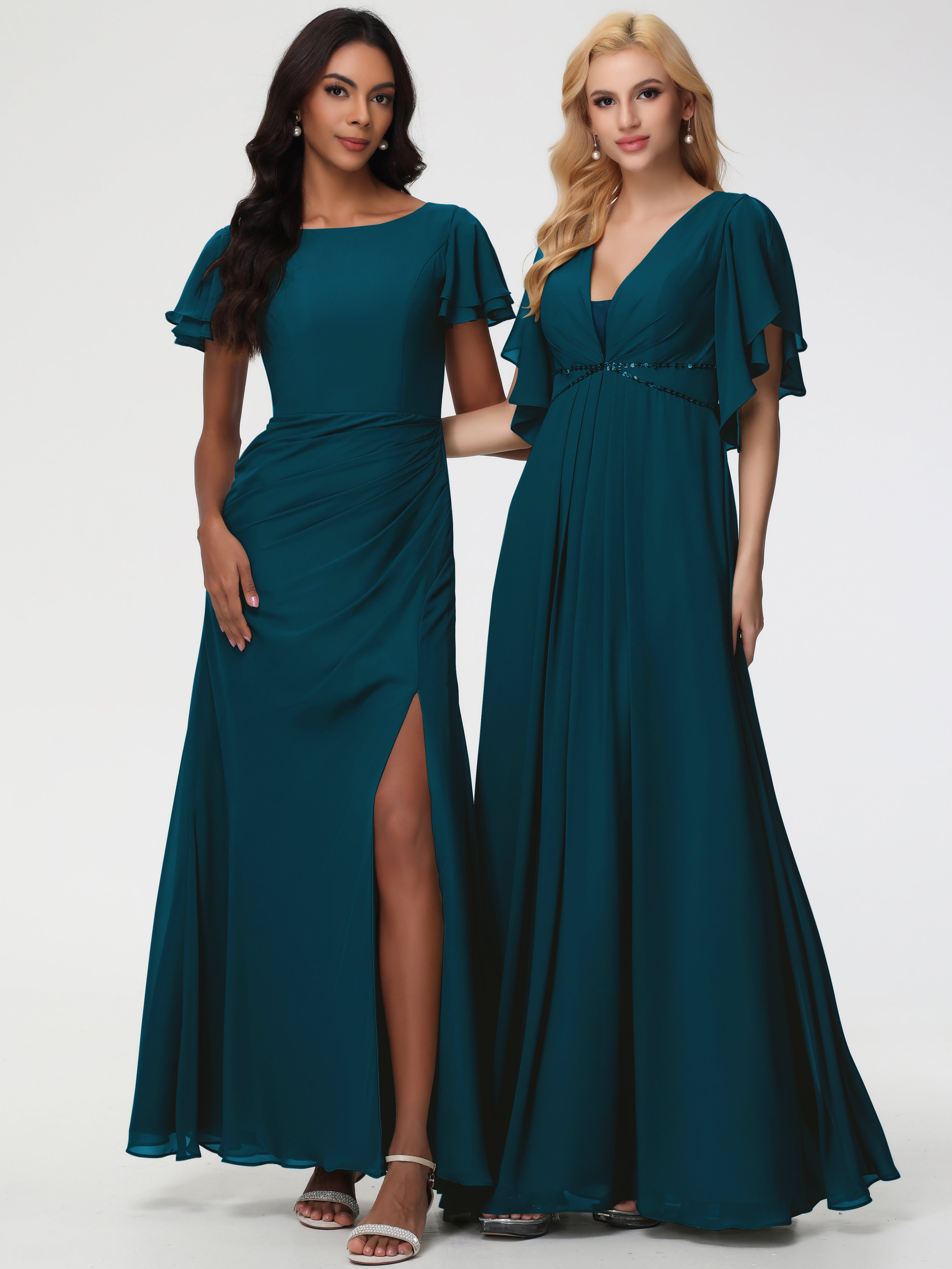 Sheath/Column Short Sleeves Split Long Chiffon Bridesmaid Dresses