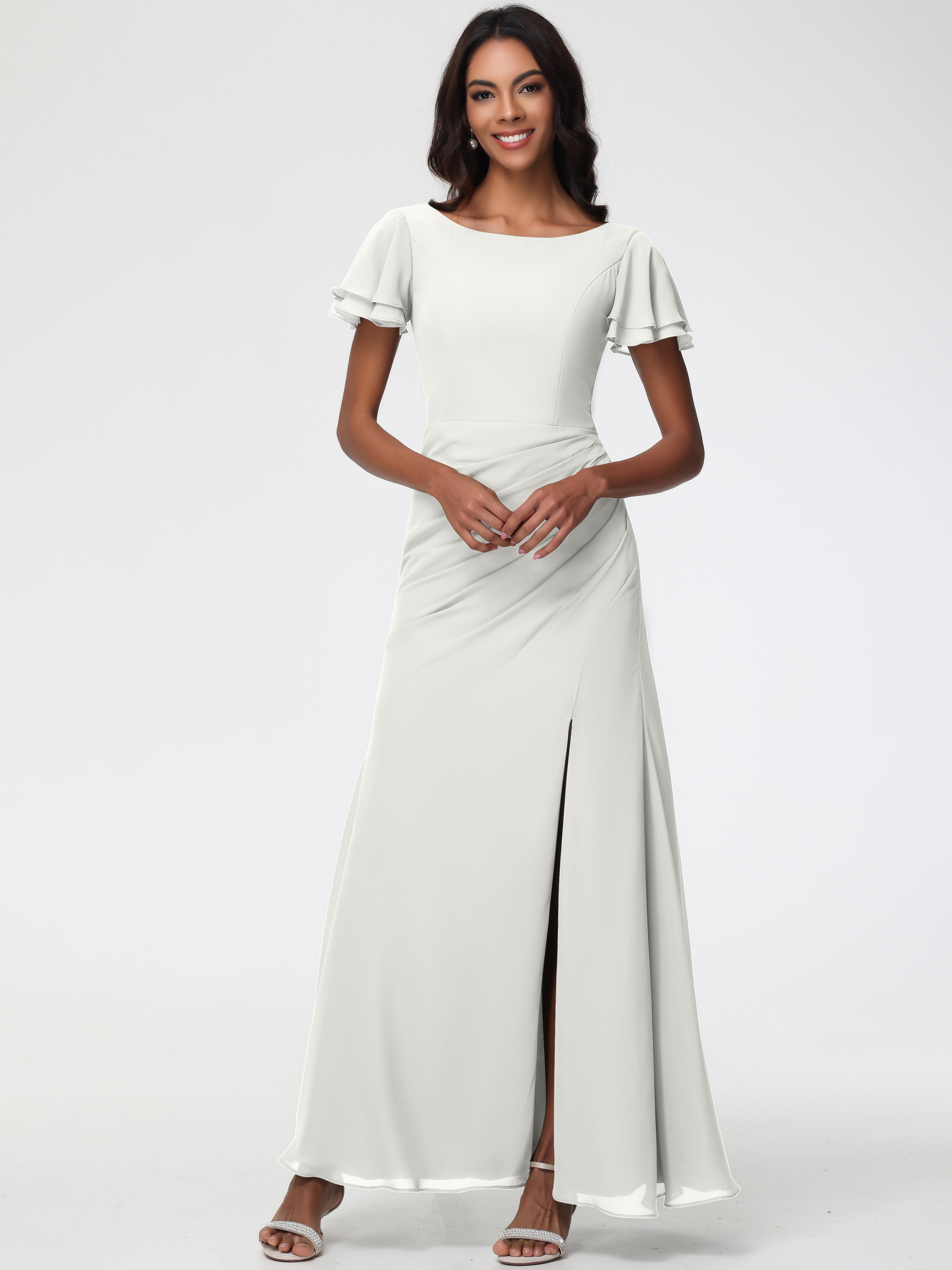 Sheath/Column Short Sleeves Split Long Chiffon Bridesmaid Dresses