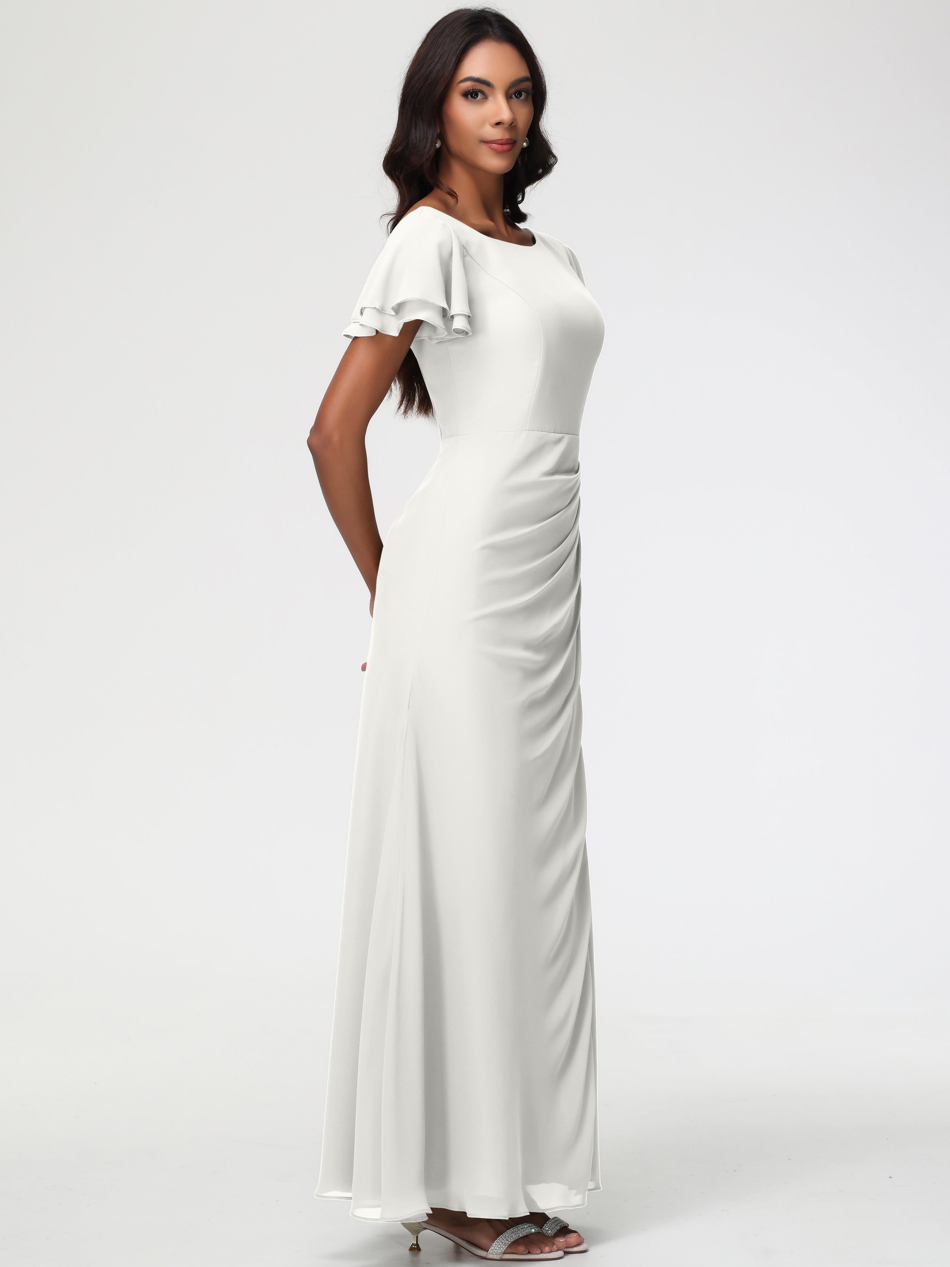 Sheath/Column Short Sleeves Split Long Chiffon Bridesmaid Dresses