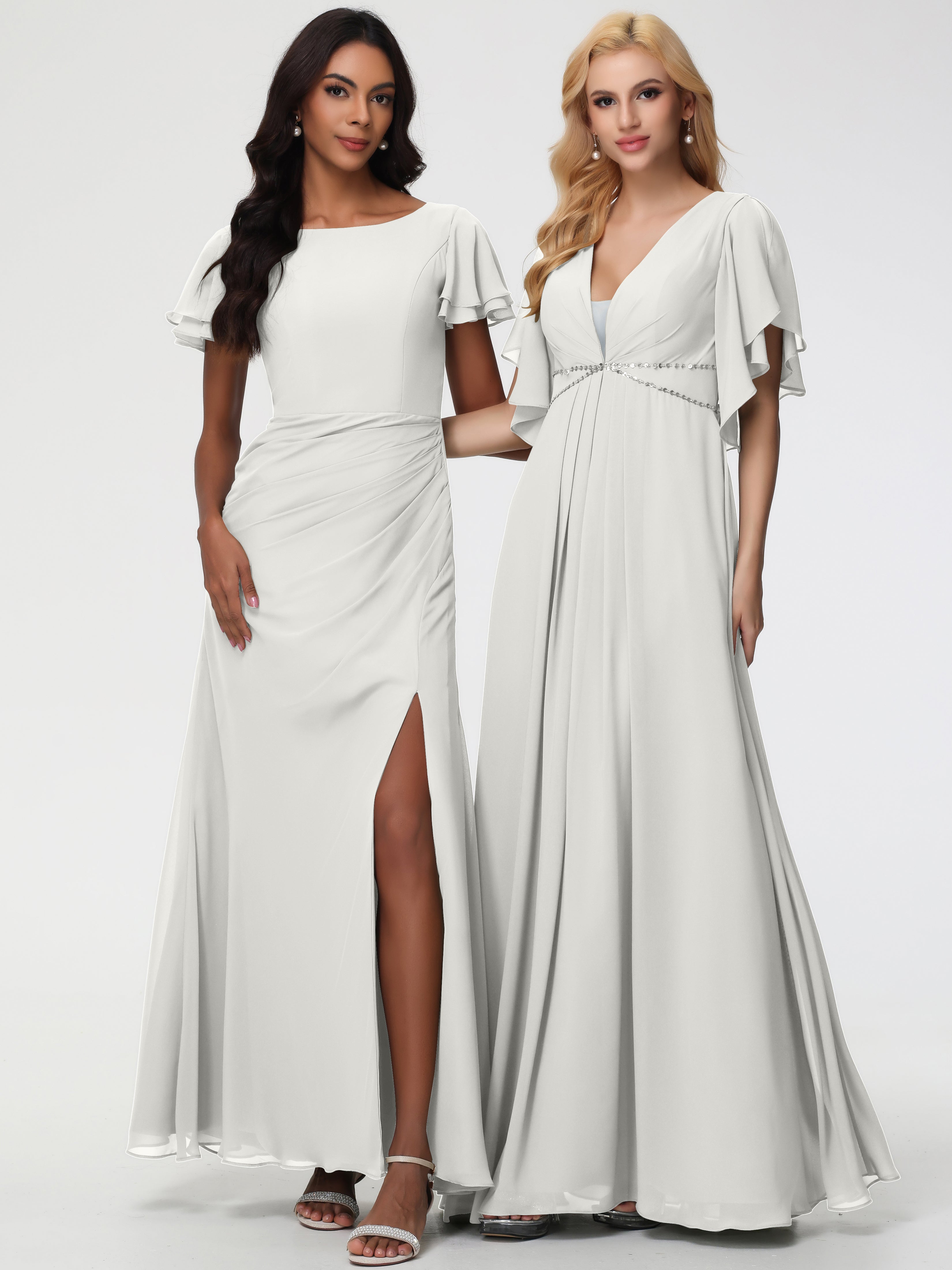 Sheath/Column Short Sleeves Split Long Chiffon Bridesmaid Dresses