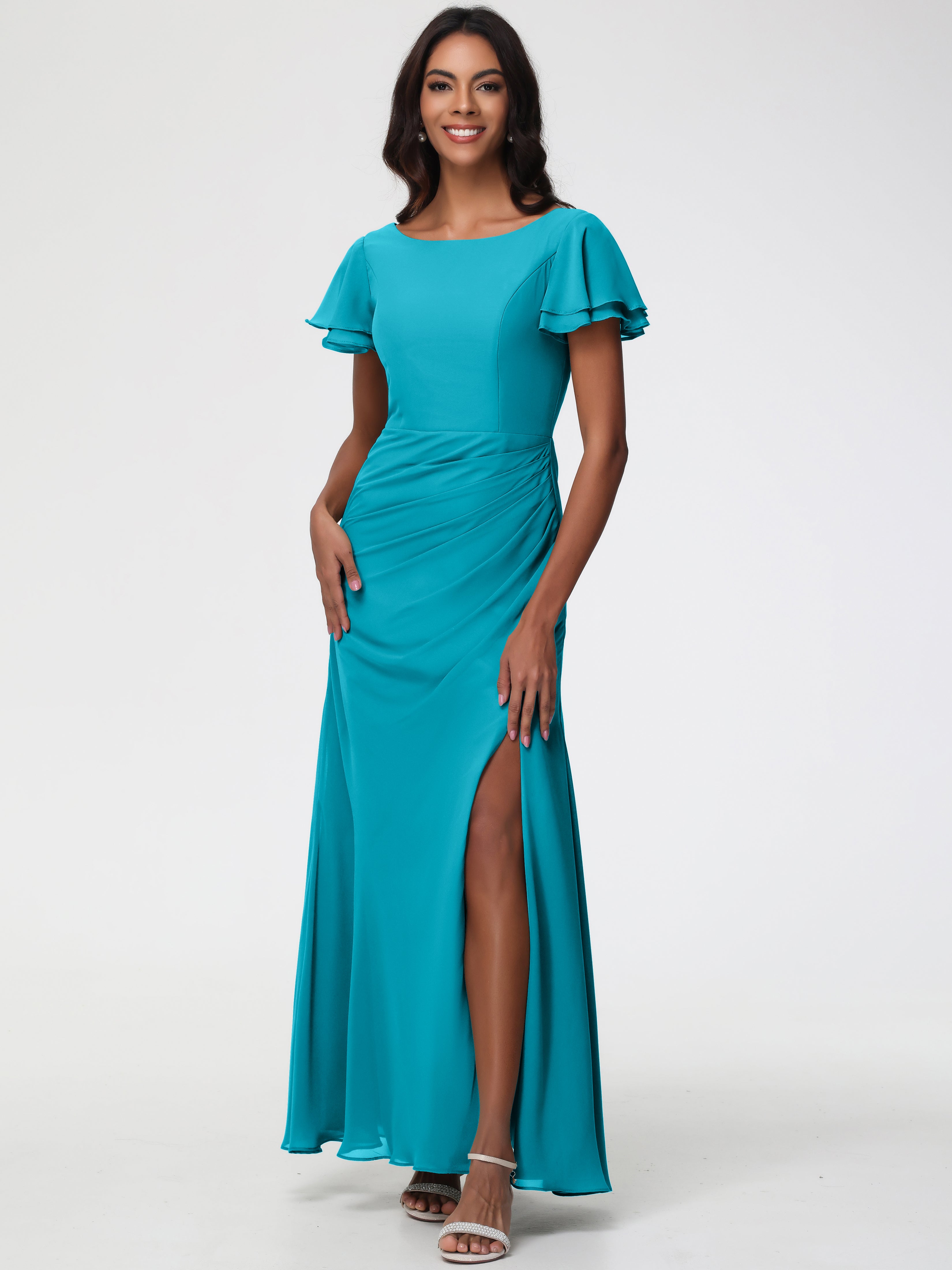 Sheath/Column Short Sleeves Split Long Chiffon Bridesmaid Dresses