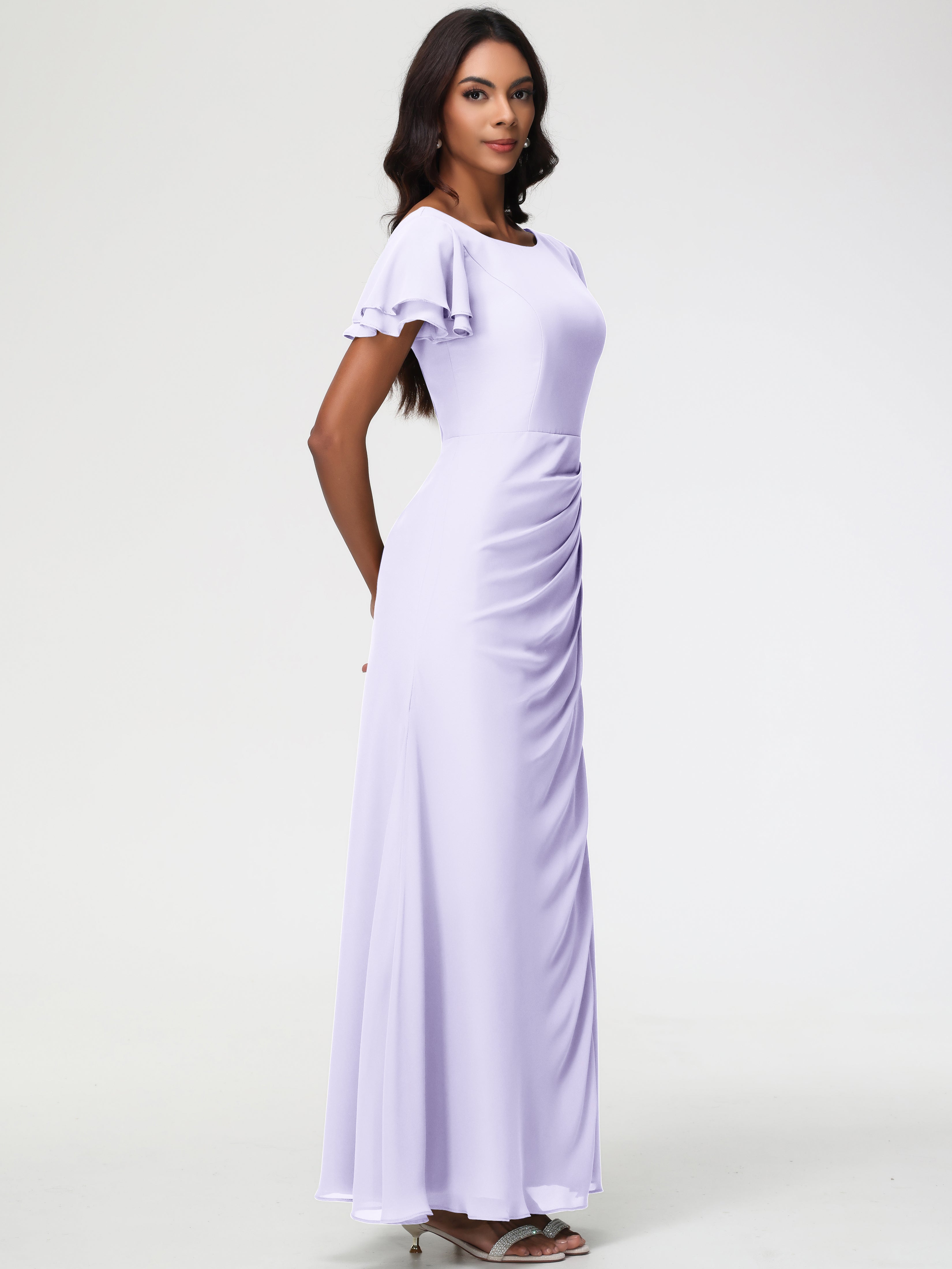 Sheath/Column Short Sleeves Split Long Chiffon Bridesmaid Dresses
