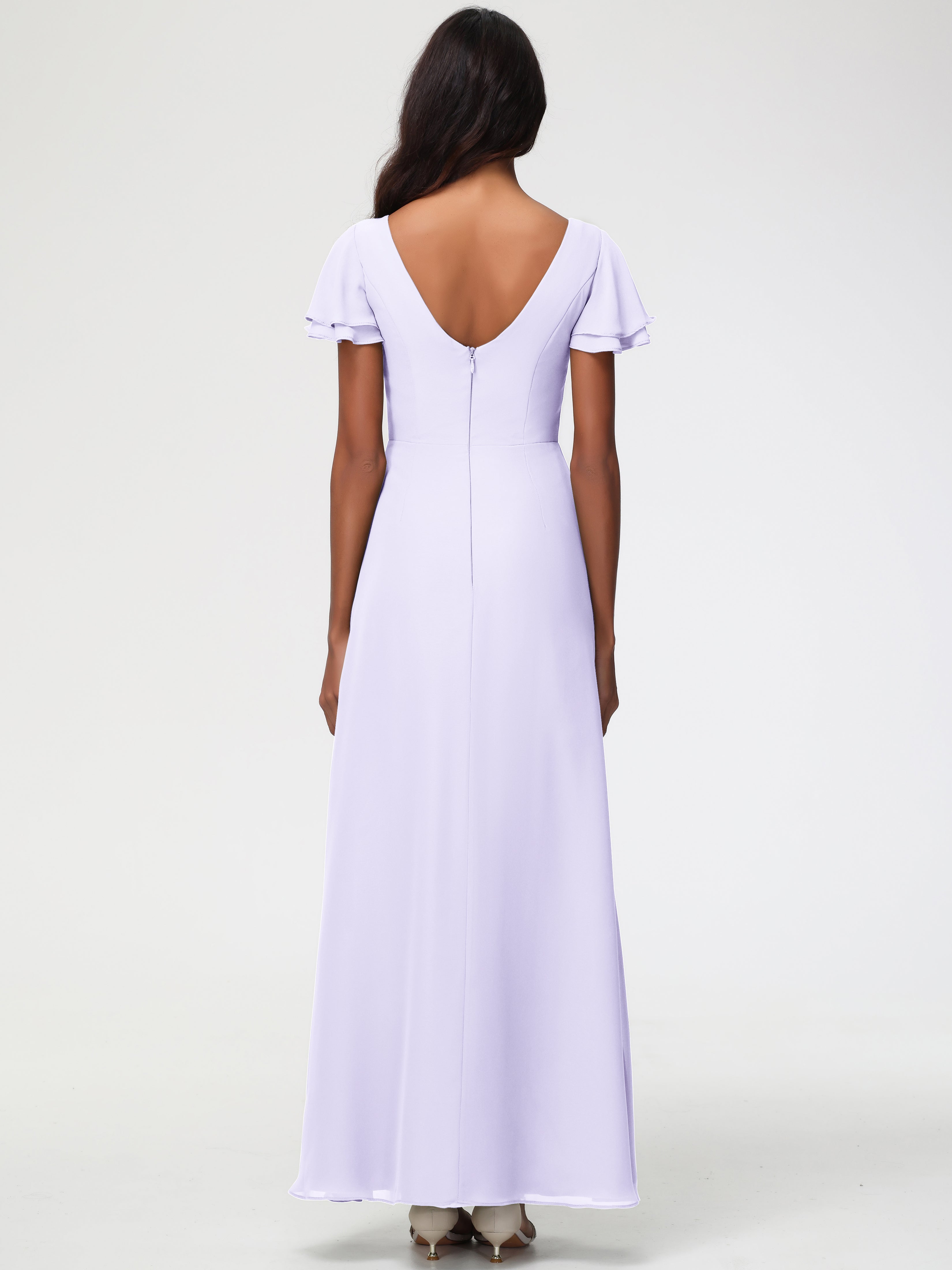 Sheath/Column Short Sleeves Split Long Chiffon Bridesmaid Dresses