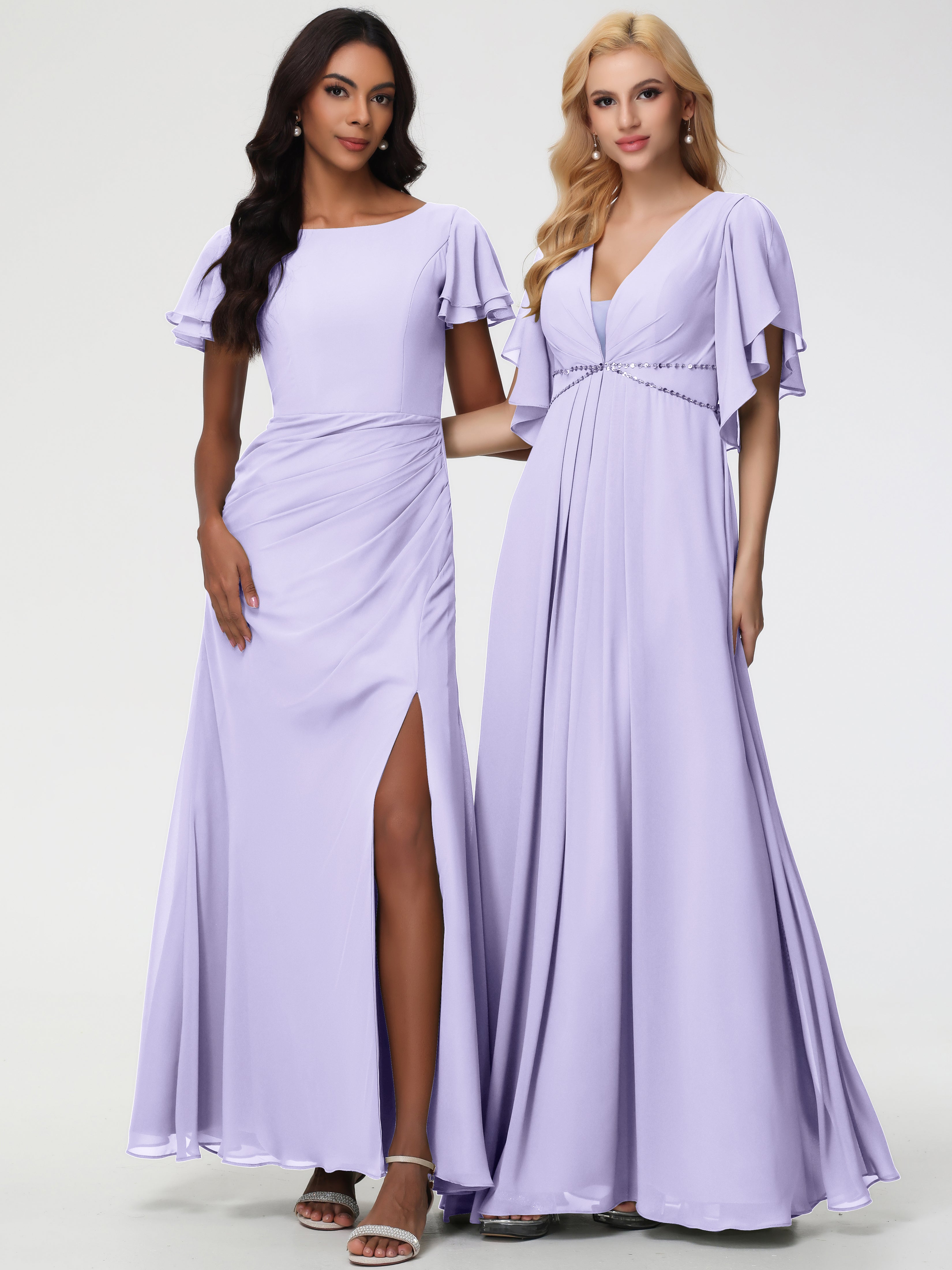 Sheath/Column Short Sleeves Split Long Chiffon Bridesmaid Dresses