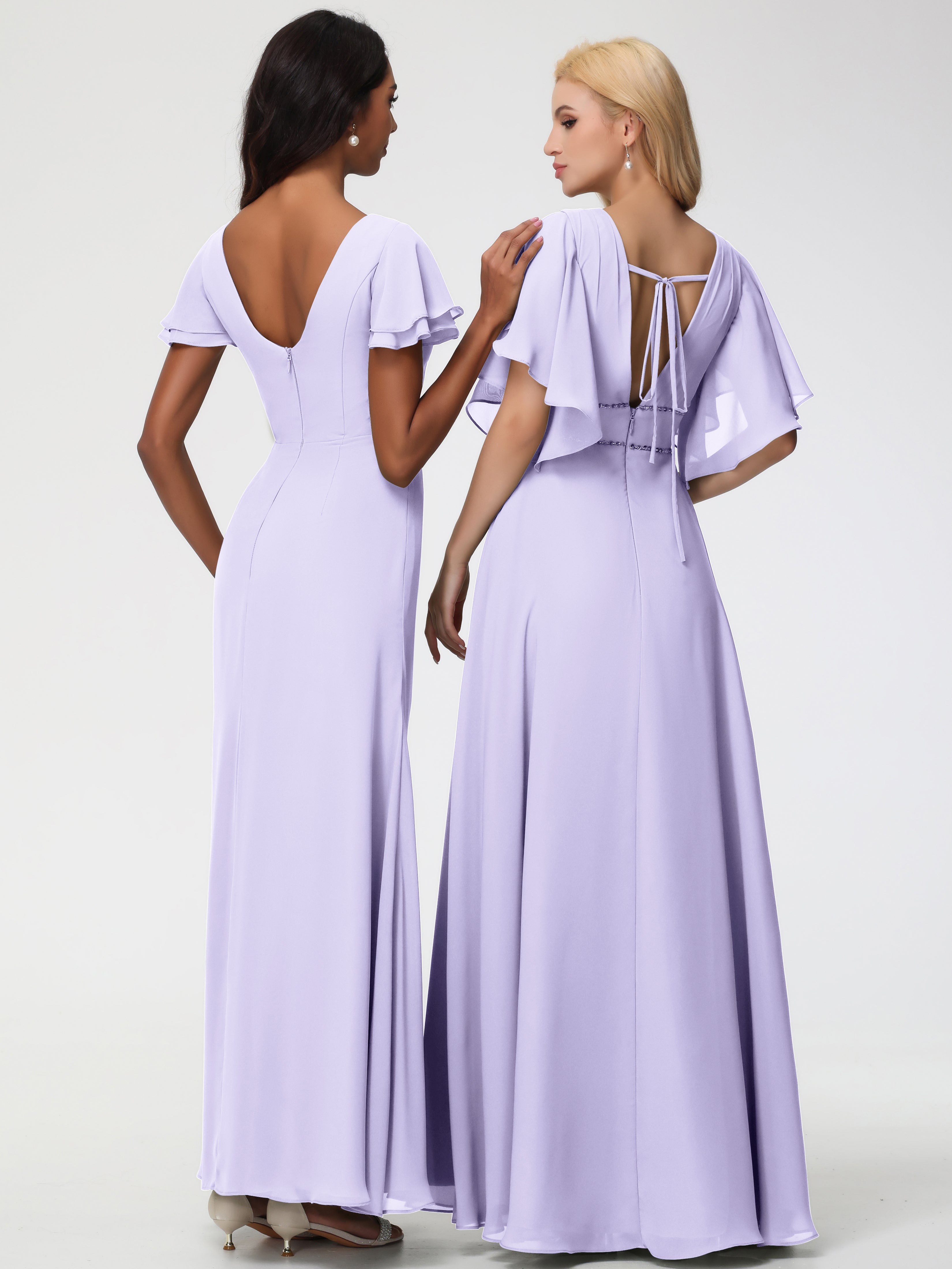 Sheath/Column Short Sleeves Split Long Chiffon Bridesmaid Dresses