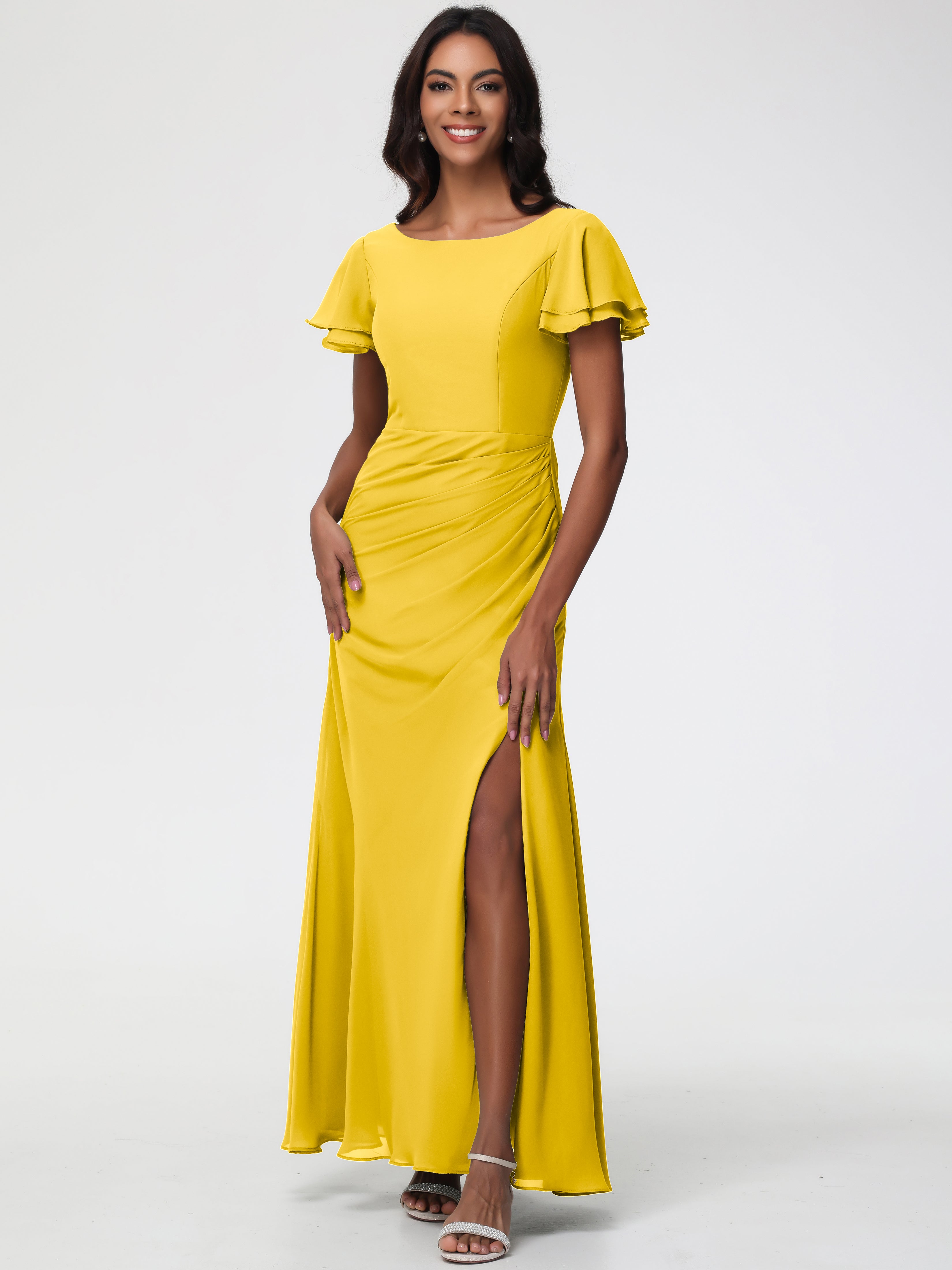 Sheath/Column Short Sleeves Split Long Chiffon Bridesmaid Dresses