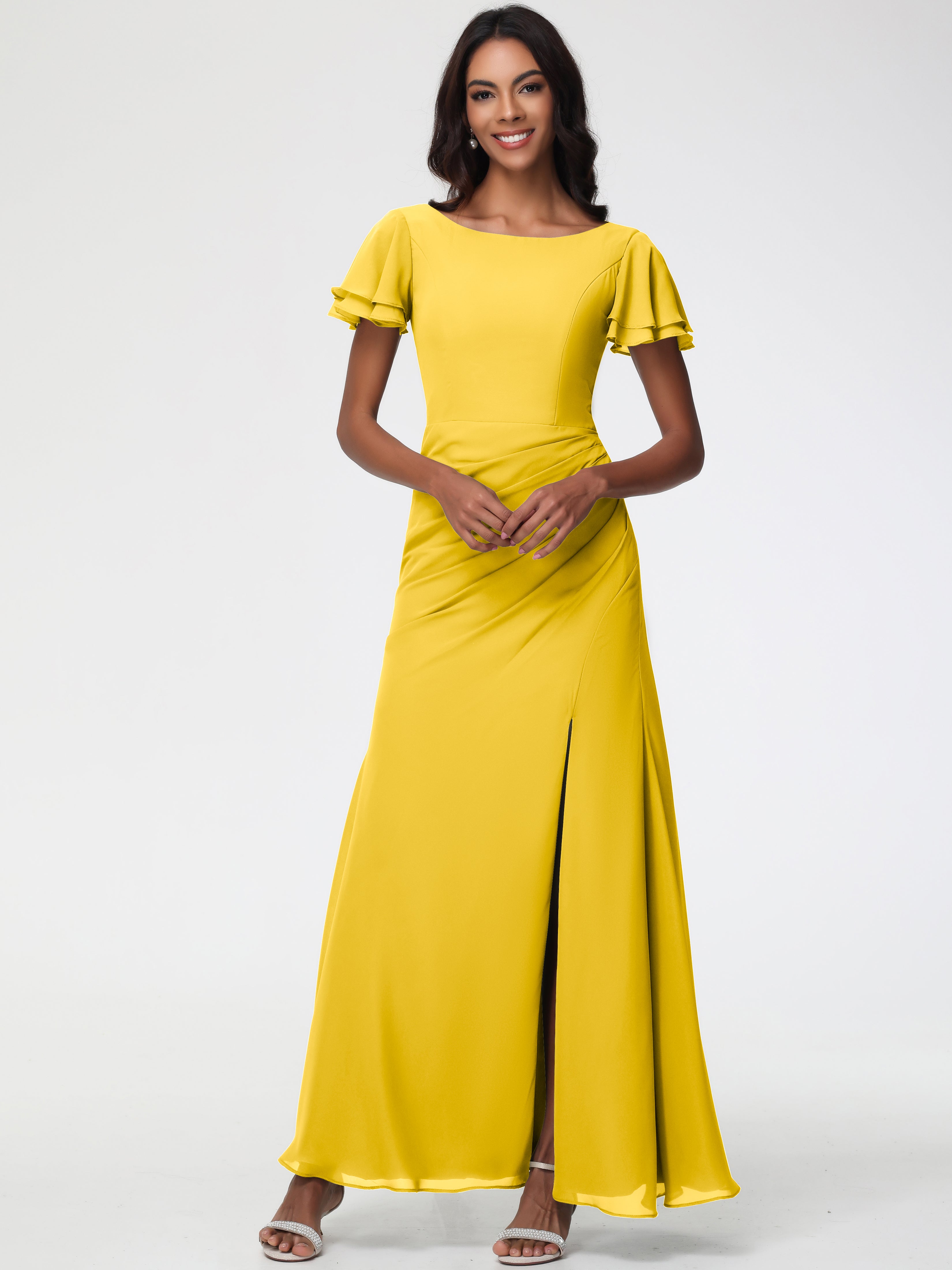 Sheath/Column Short Sleeves Split Long Chiffon Bridesmaid Dresses