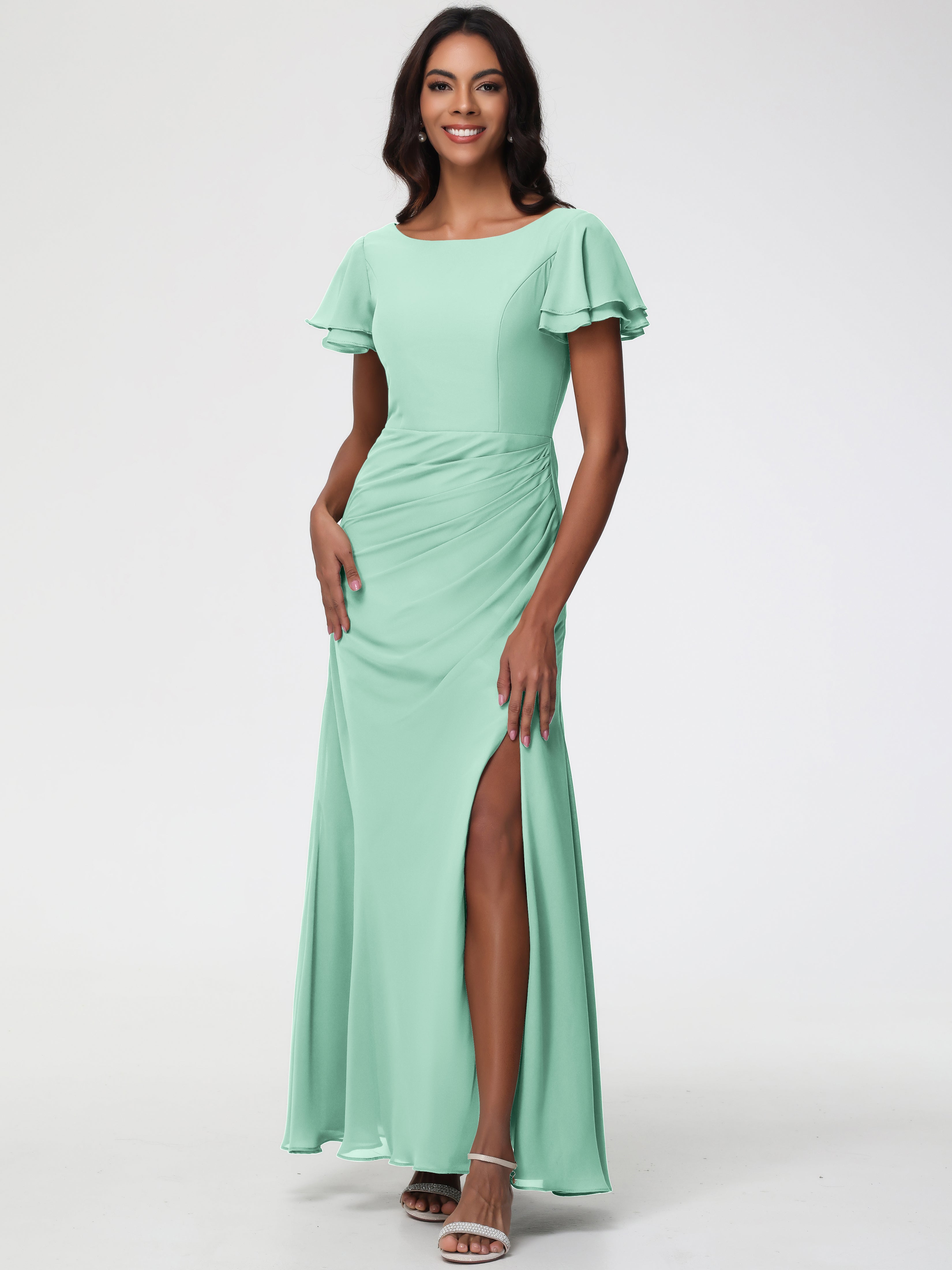 Sheath/Column Short Sleeves Split Long Chiffon Bridesmaid Dresses