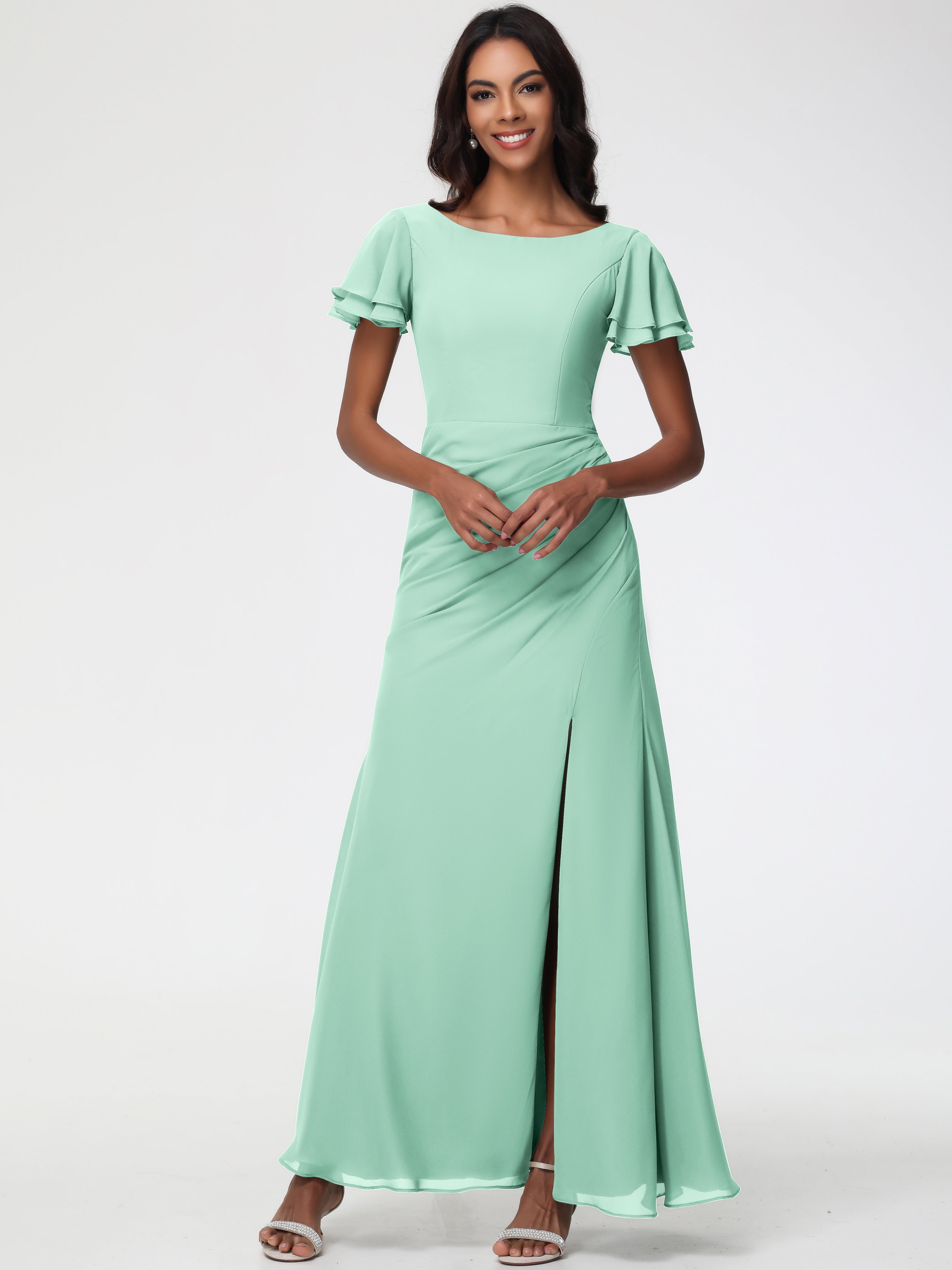 Sheath/Column Short Sleeves Split Long Chiffon Bridesmaid Dresses