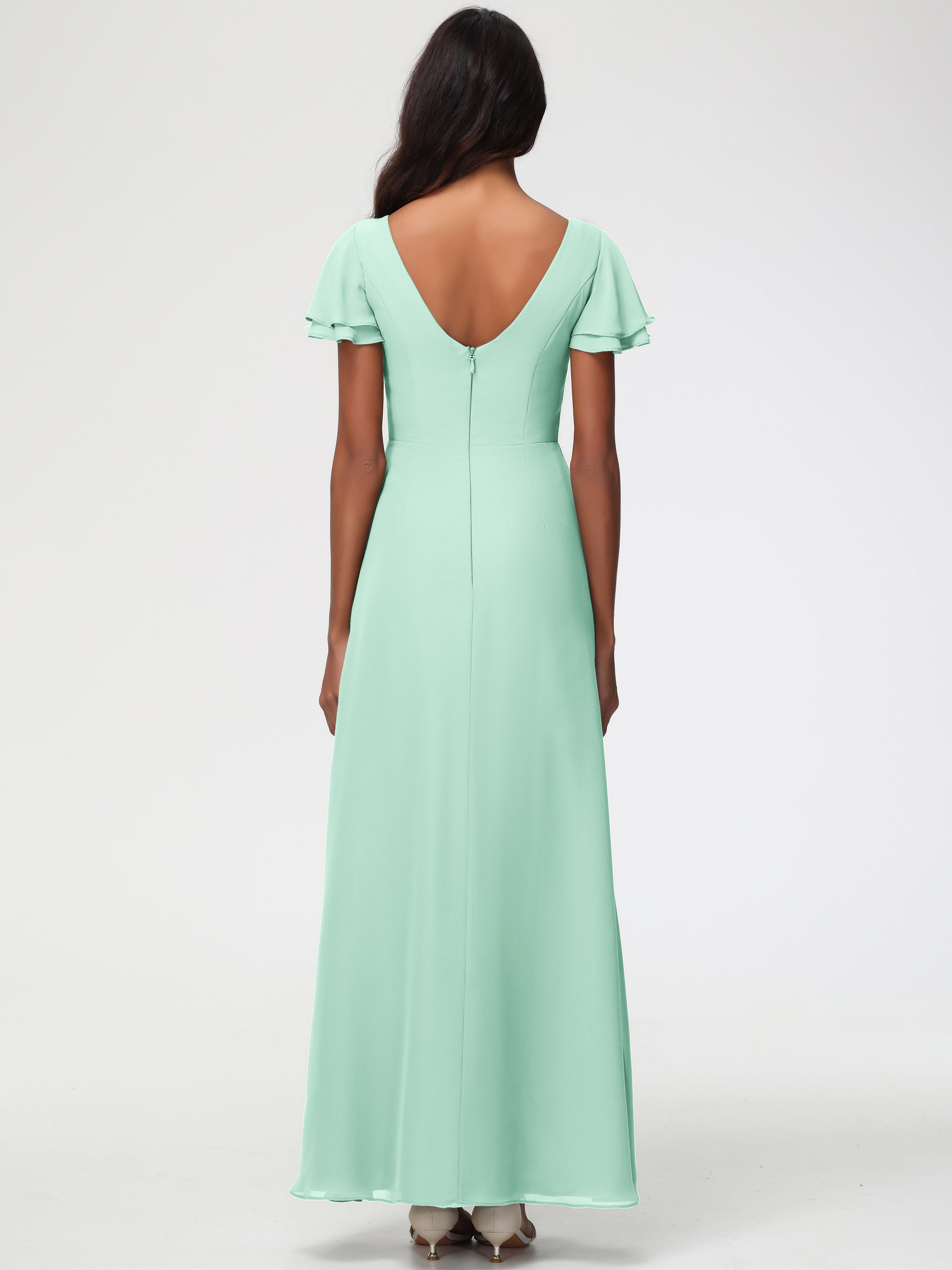 Sheath/Column Short Sleeves Split Long Chiffon Bridesmaid Dresses