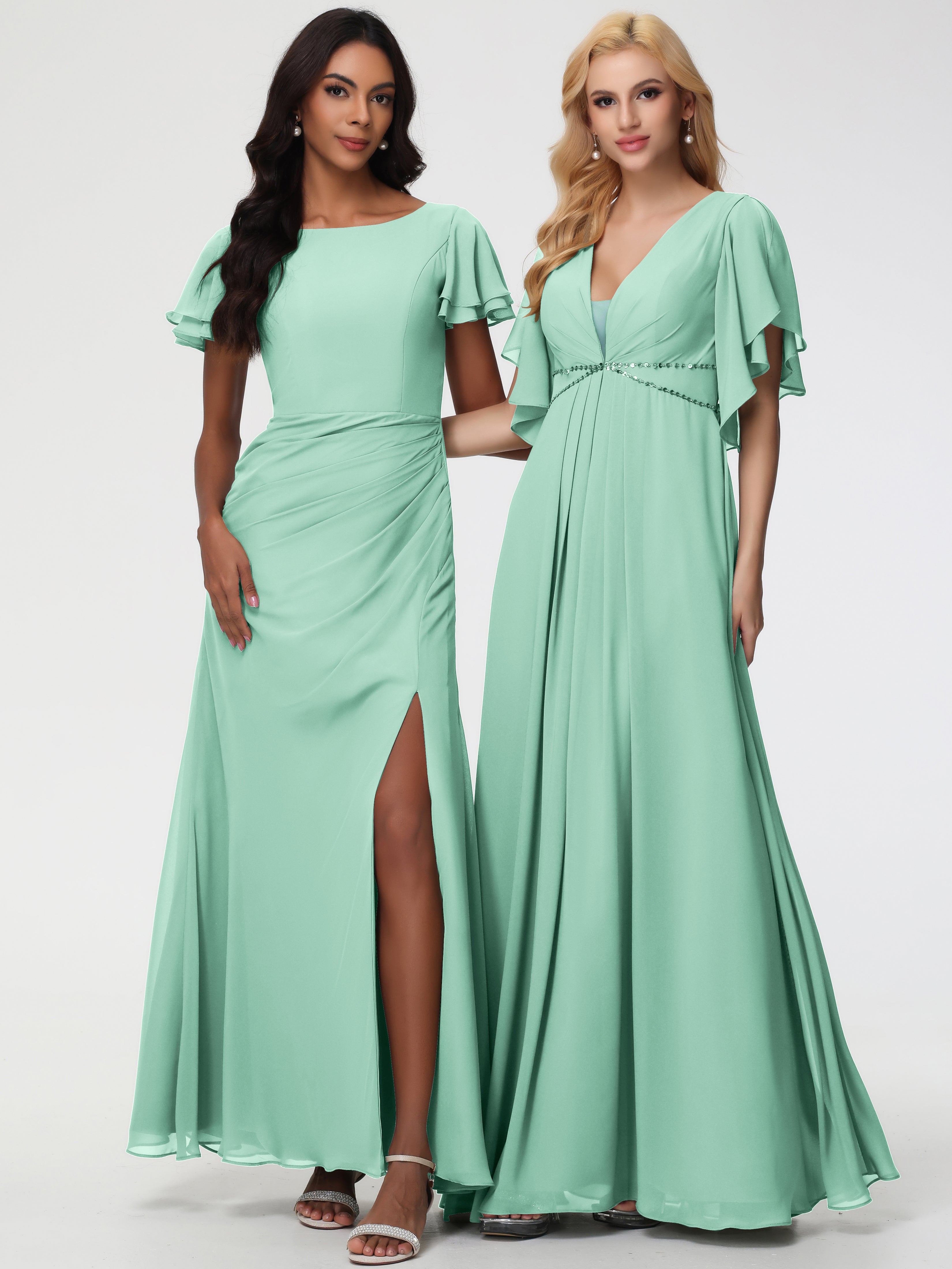 Sheath/Column Short Sleeves Split Long Chiffon Bridesmaid Dresses