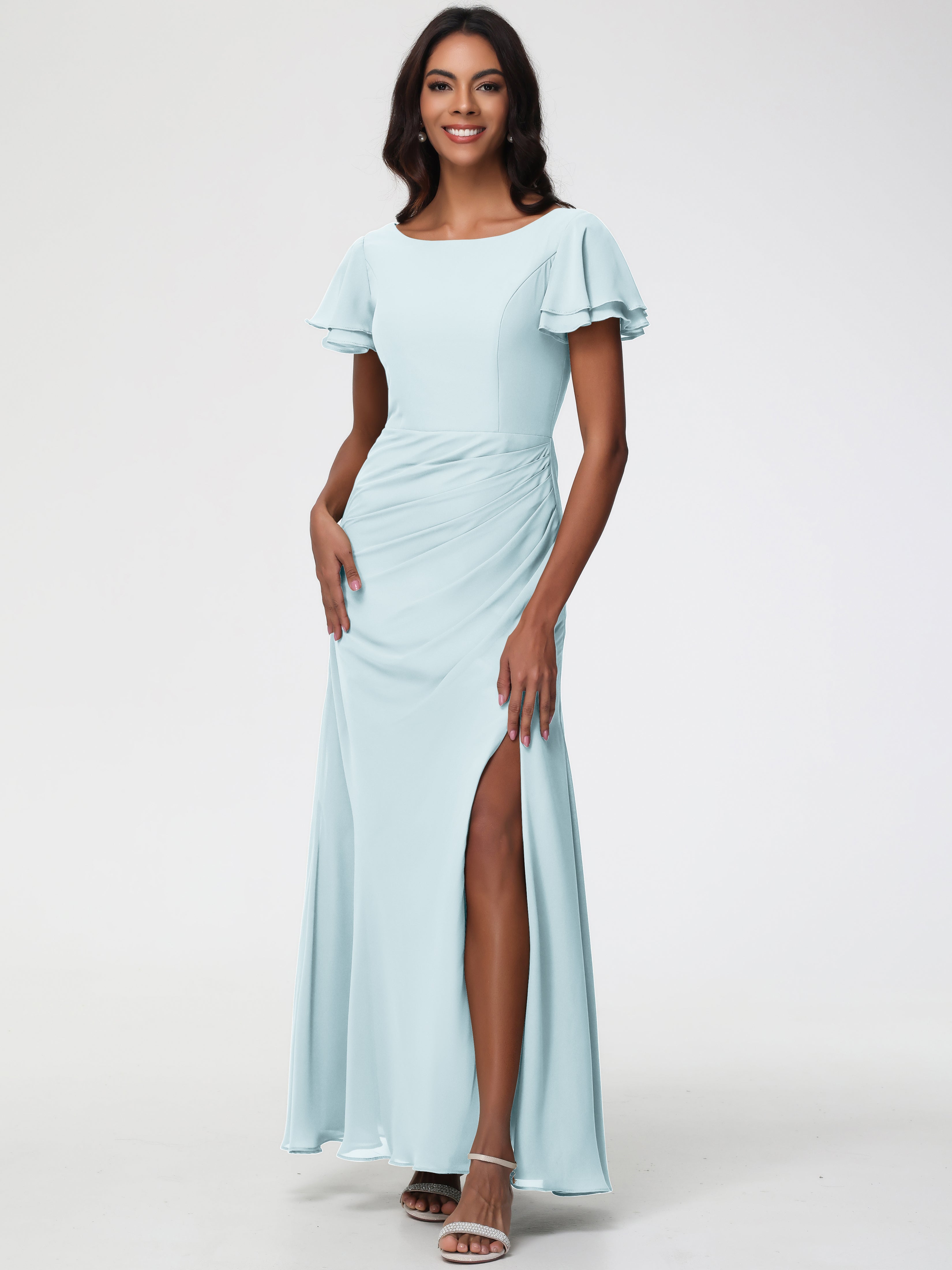 Sheath/Column Short Sleeves Split Long Chiffon Bridesmaid Dresses