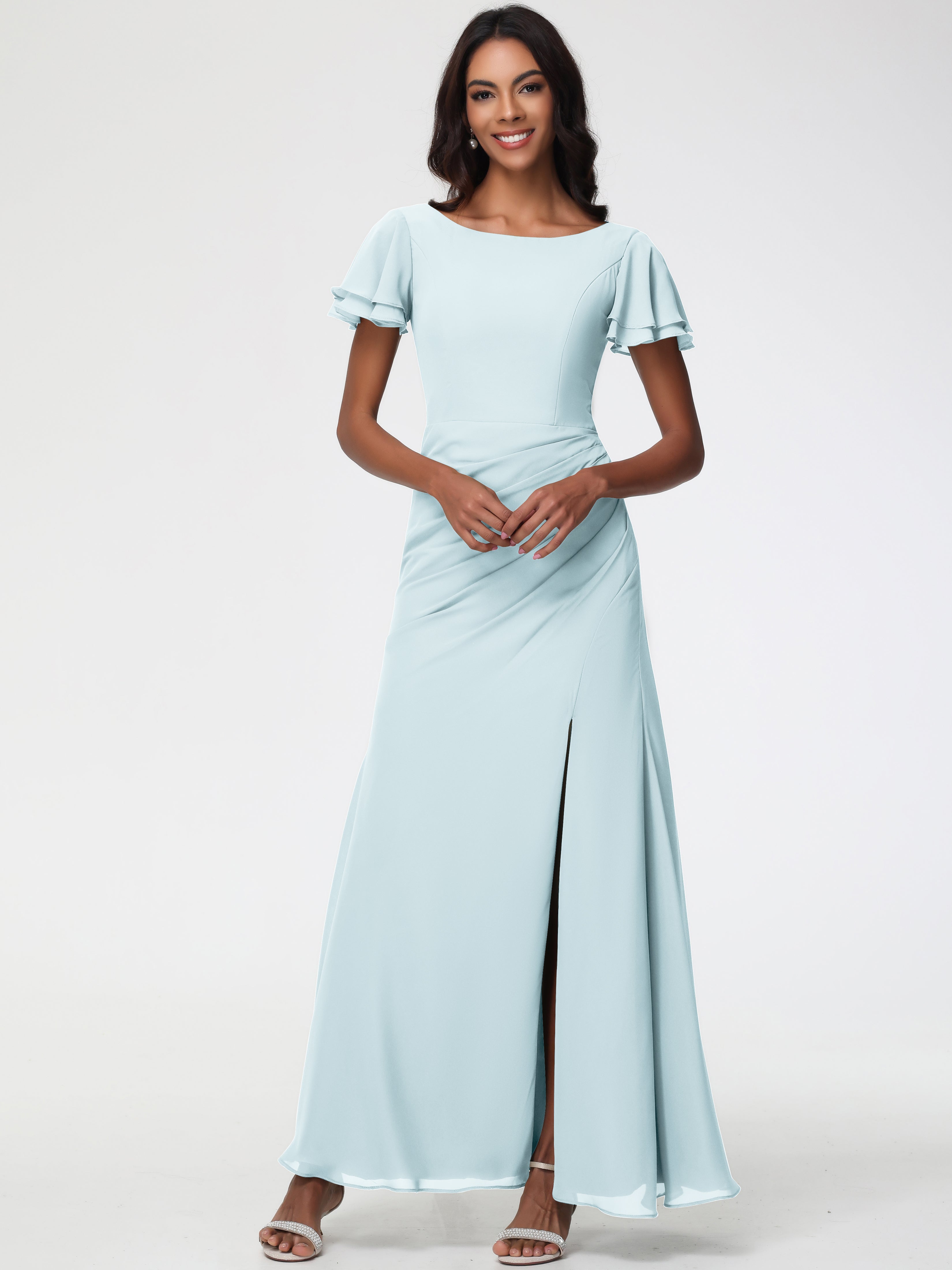 Sheath/Column Short Sleeves Split Long Chiffon Bridesmaid Dresses
