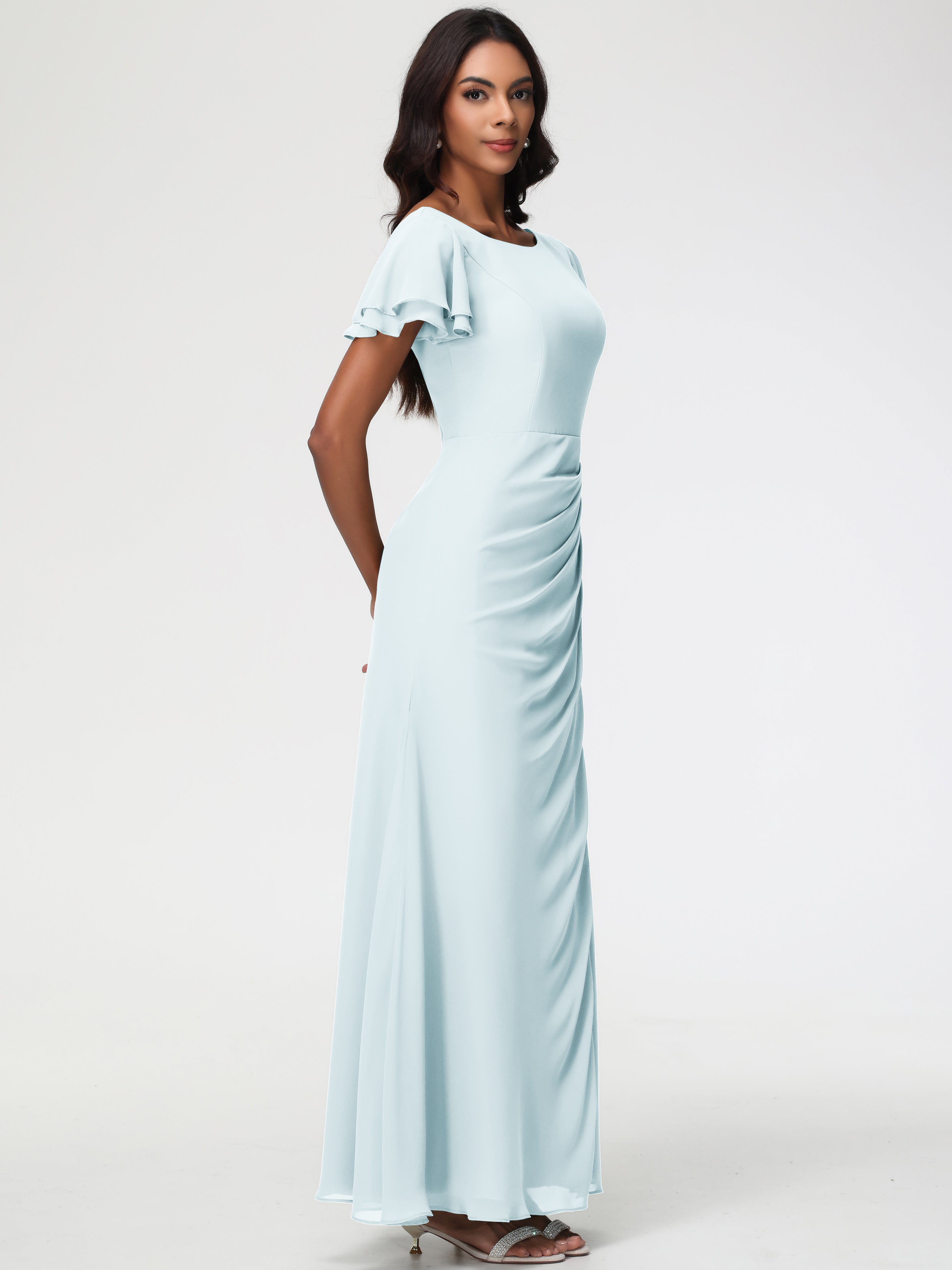 Sheath/Column Short Sleeves Split Long Chiffon Bridesmaid Dresses