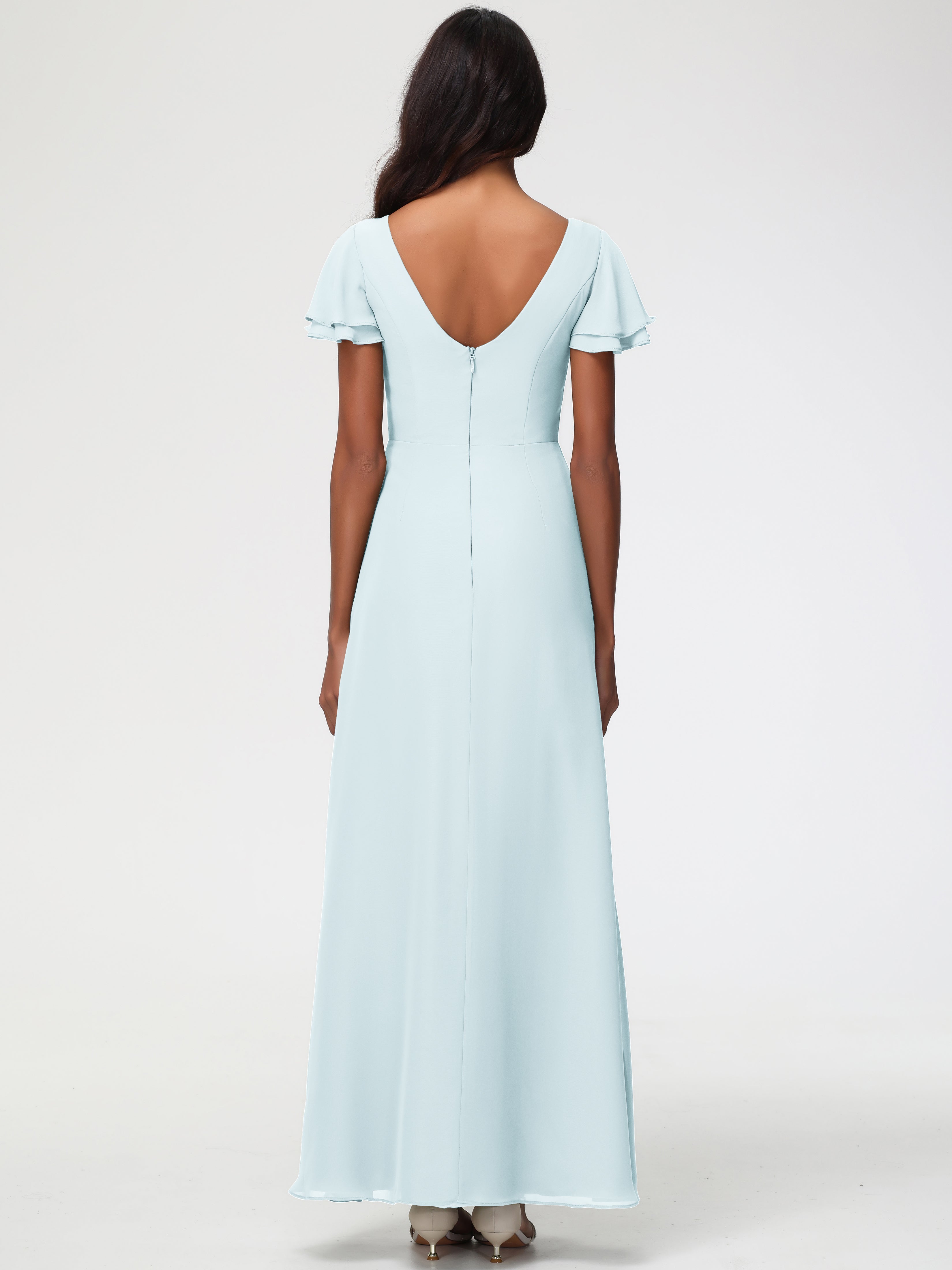 Sheath/Column Short Sleeves Split Long Chiffon Bridesmaid Dresses