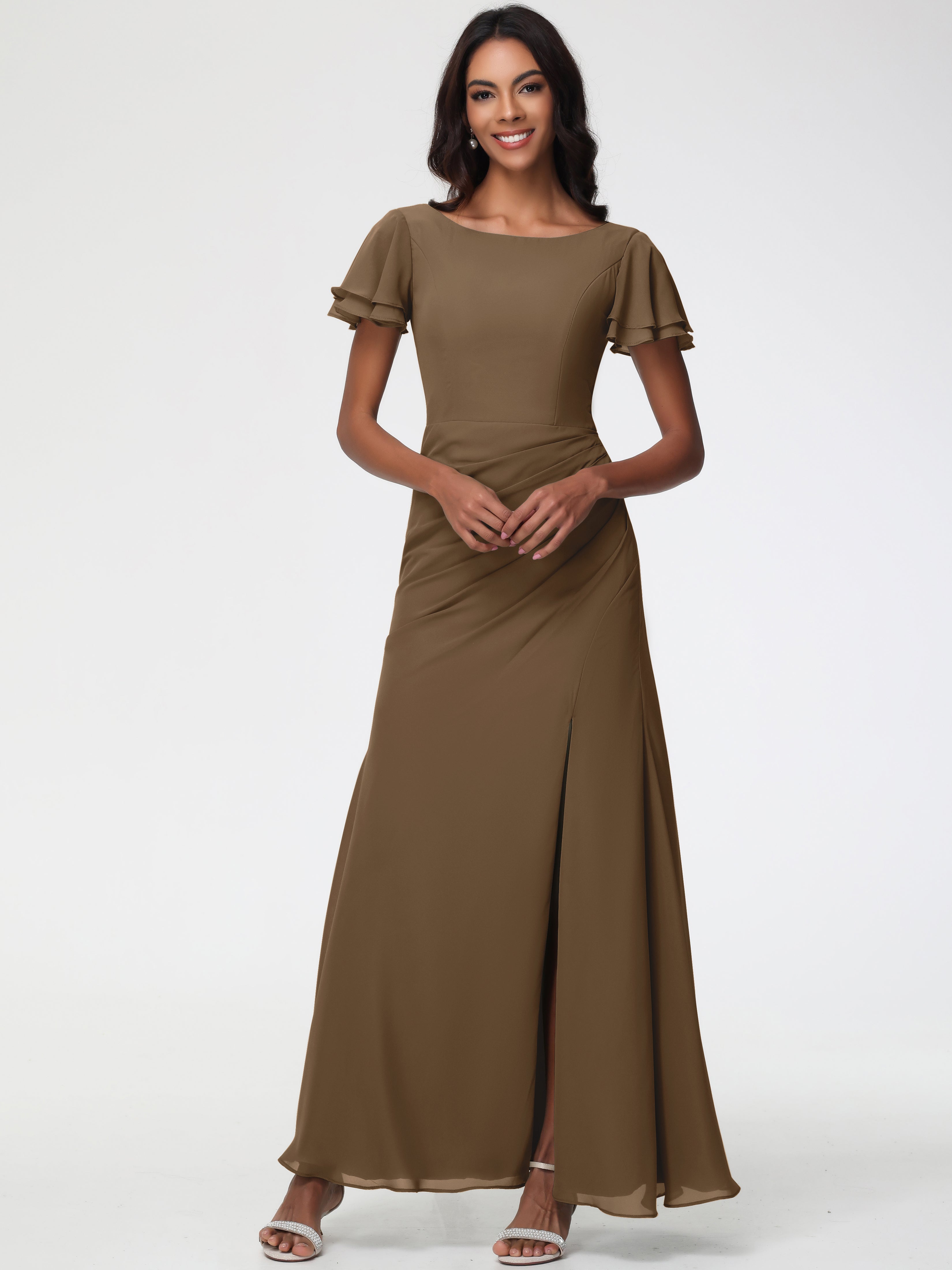 Sheath/Column Short Sleeves Split Long Chiffon Bridesmaid Dresses