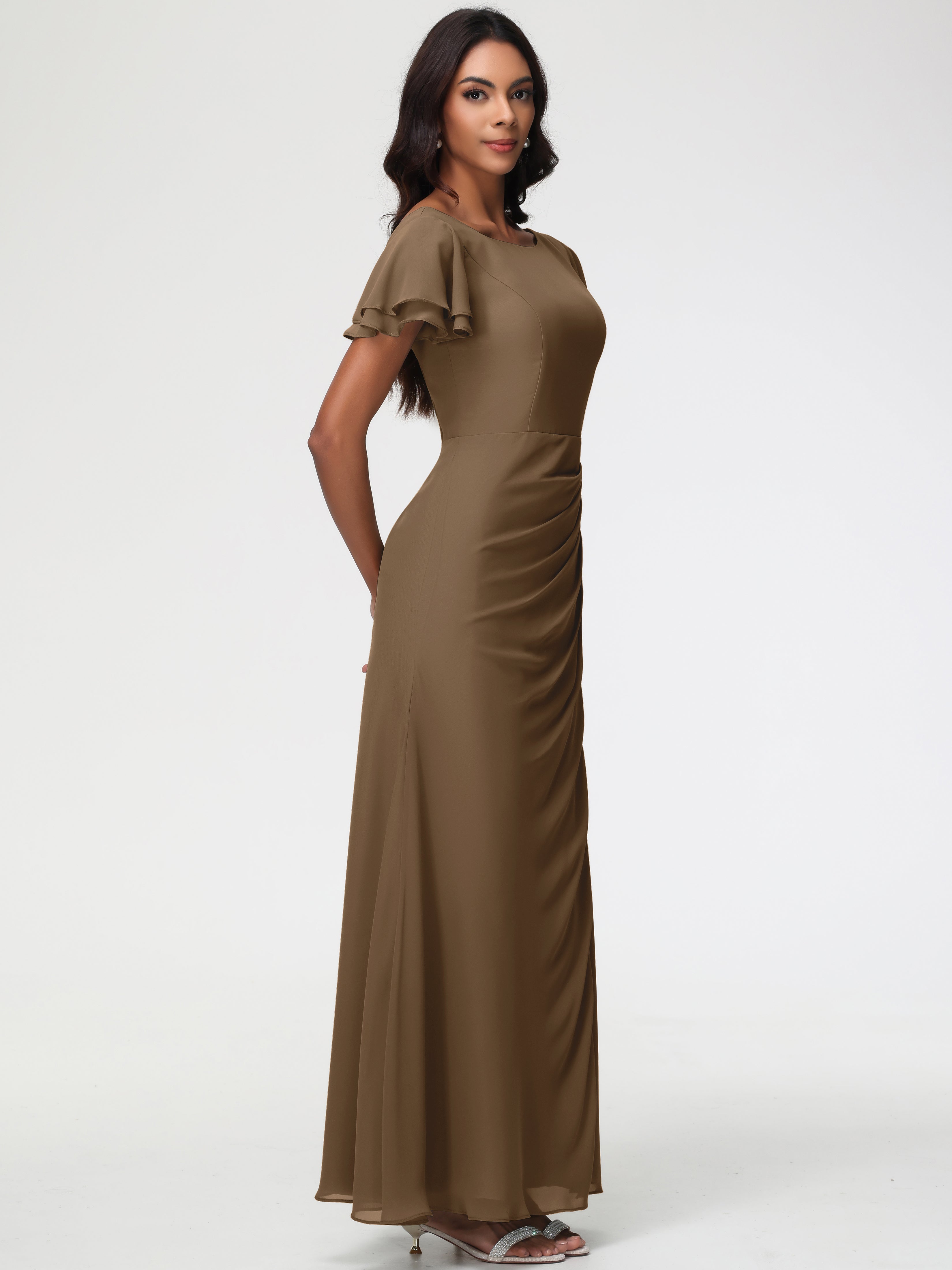 Sheath/Column Short Sleeves Split Long Chiffon Bridesmaid Dresses