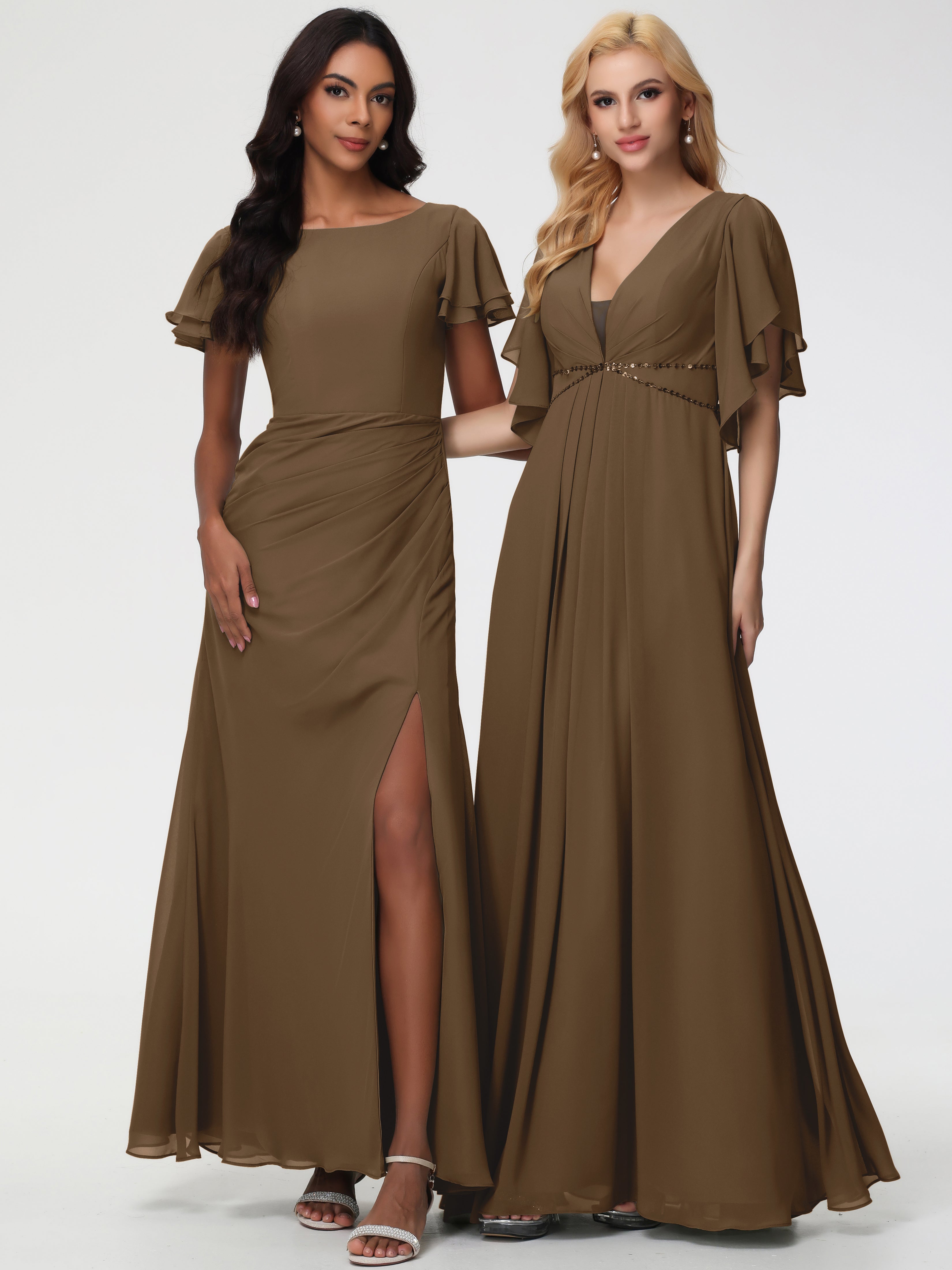 Sheath/Column Short Sleeves Split Long Chiffon Bridesmaid Dresses