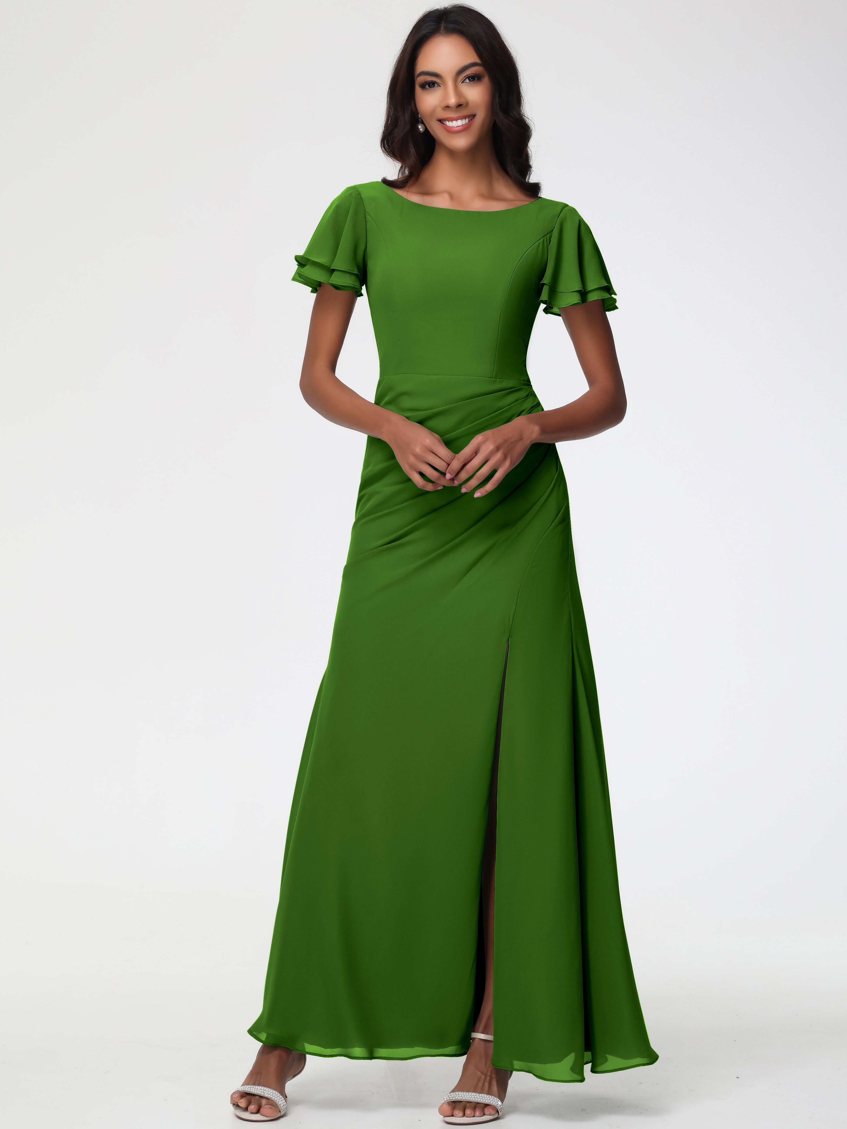 Sheath/Column Short Sleeves Split Long Chiffon Bridesmaid Dresses