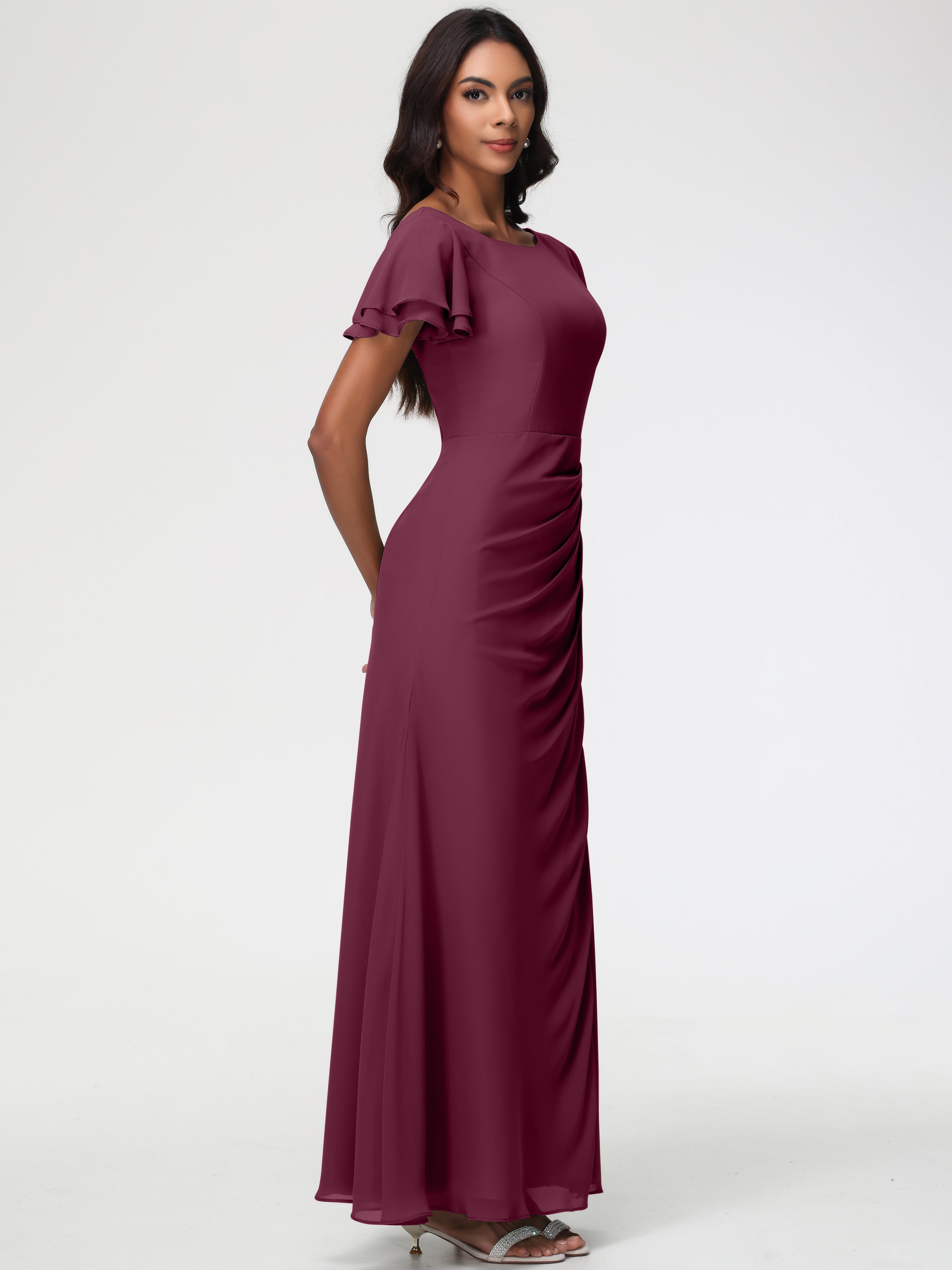 Sheath/Column Short Sleeves Split Long Chiffon Bridesmaid Dresses (Copy)