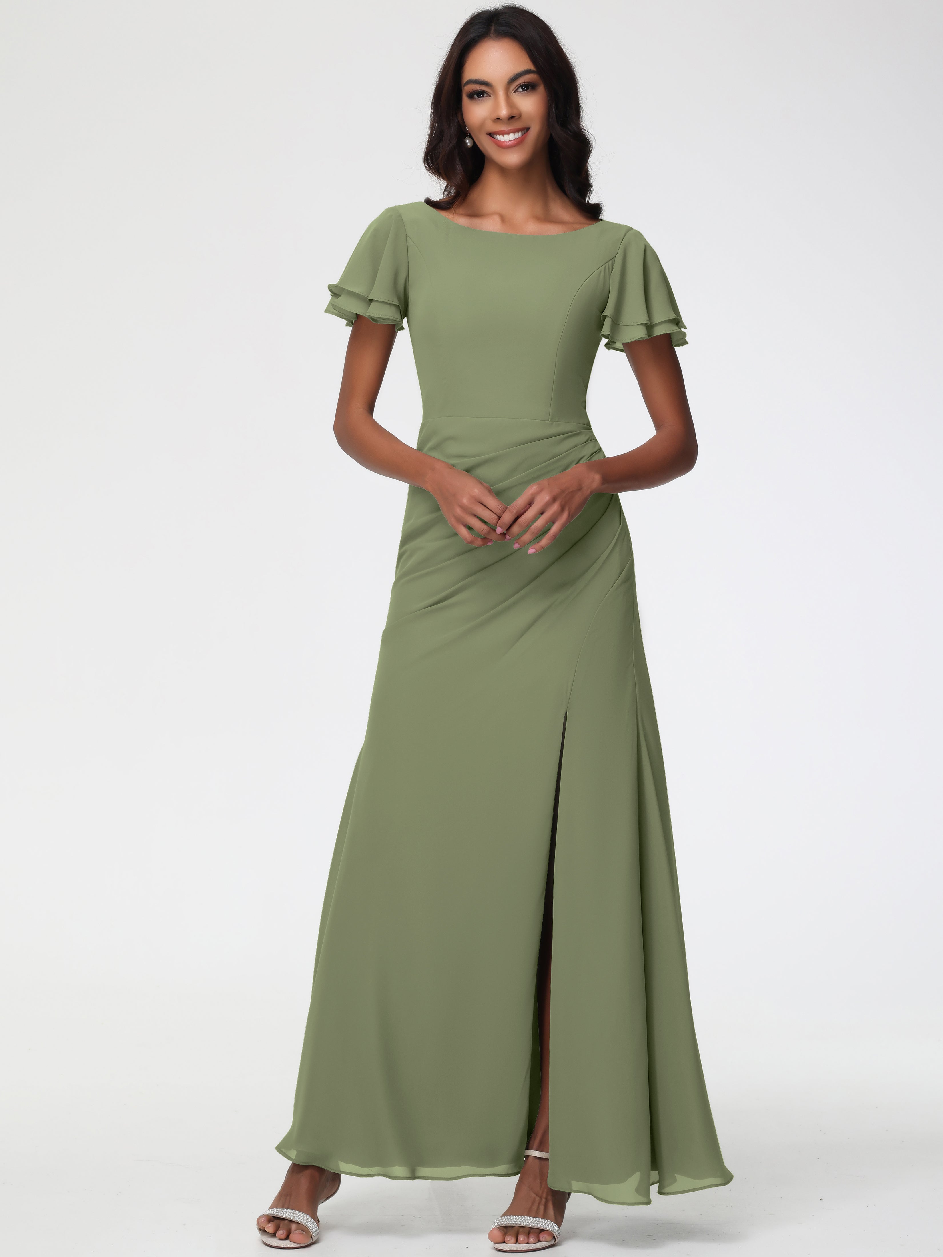 Sheath/Column Short Sleeves Split Long Chiffon Bridesmaid Dresses (Copy)