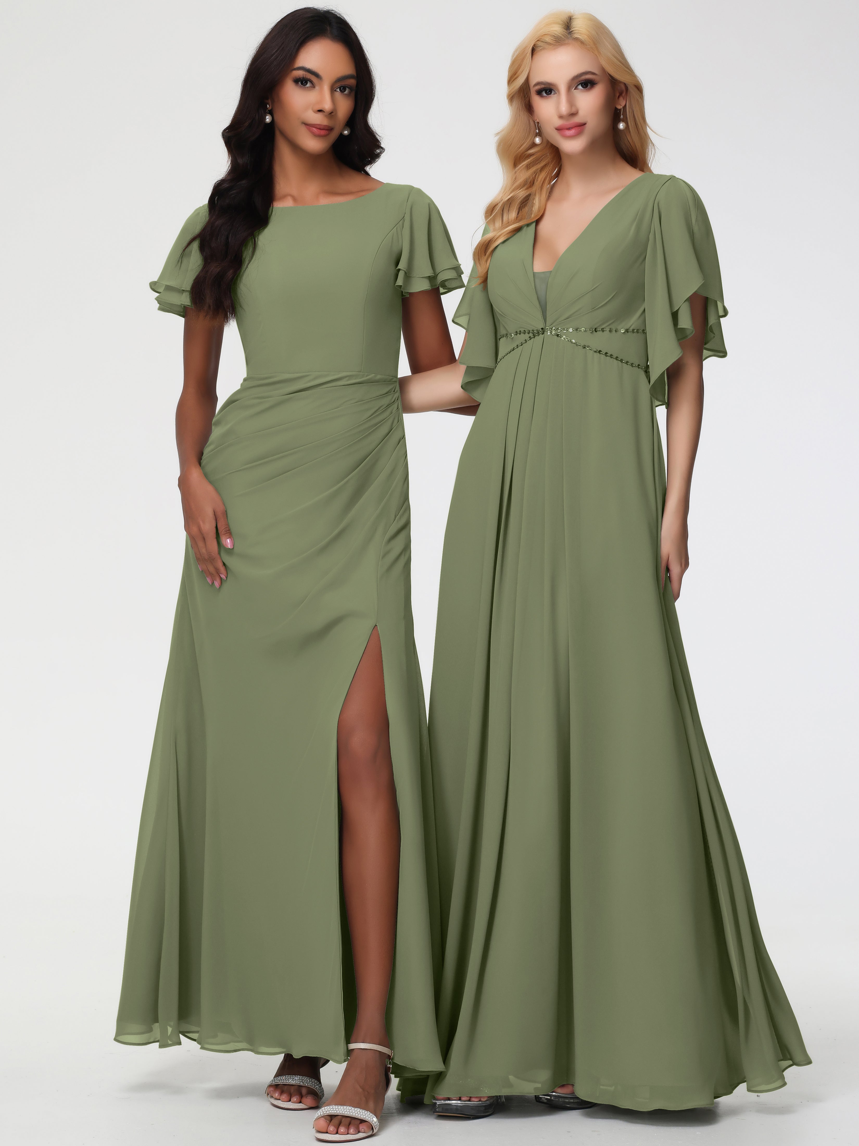 Sheath/Column Short Sleeves Split Long Chiffon Bridesmaid Dresses (Copy)